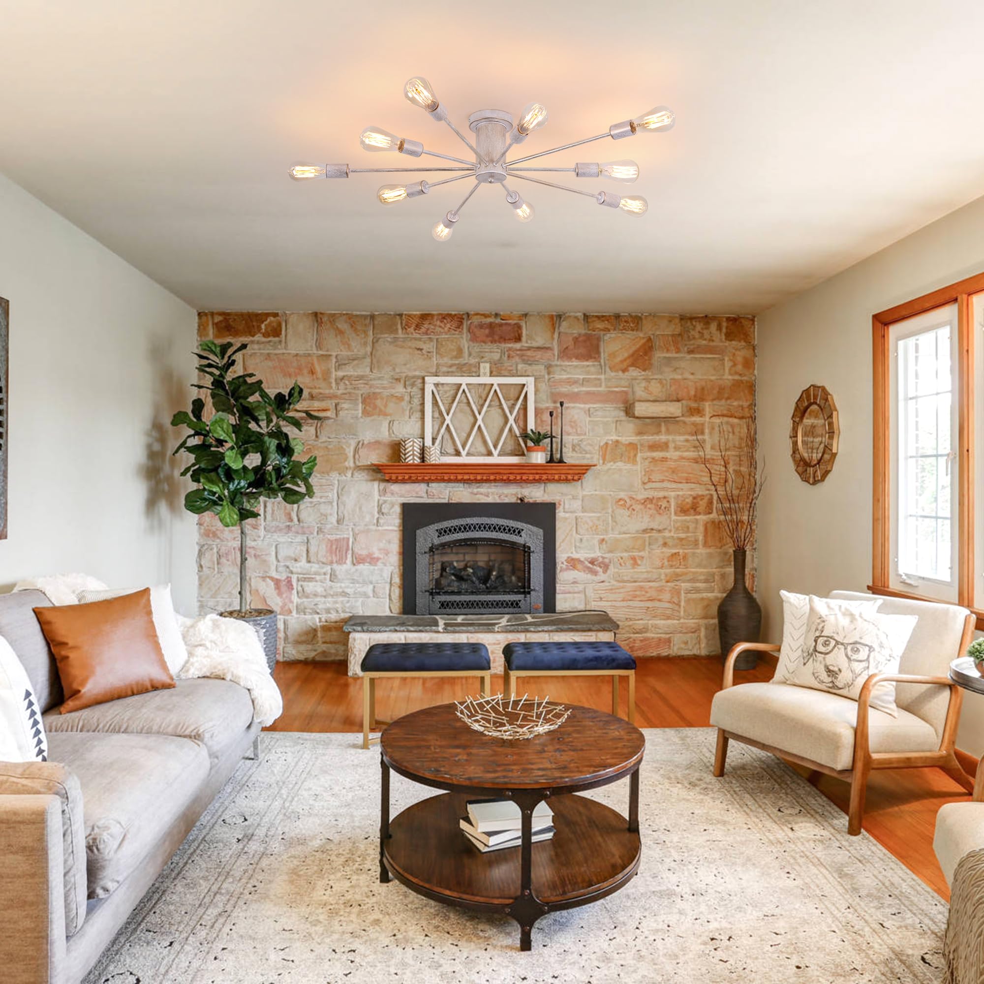 Garwarm Modern Sputnik Chandelier Ceiling Light Fixtures,10-Lights Mid Century Industrial Metal Semi Flush Mount Ceiling Lights