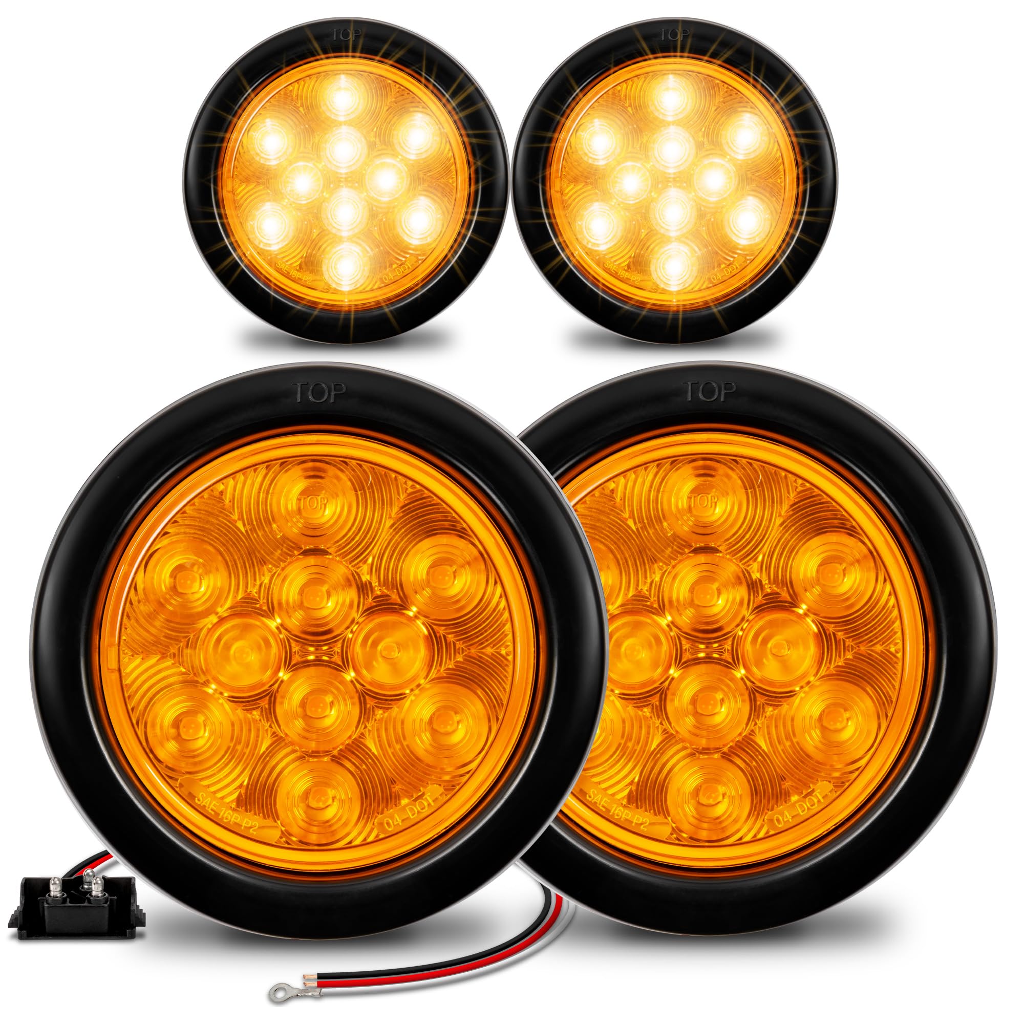 True Mods 4Pc 4'' Round Amber 10 Led Trailer Tail Lights [Dot Fmvss 108] [Sae I6] [Grommet & Plug] [Ip67 Waterproof] Park Turn B