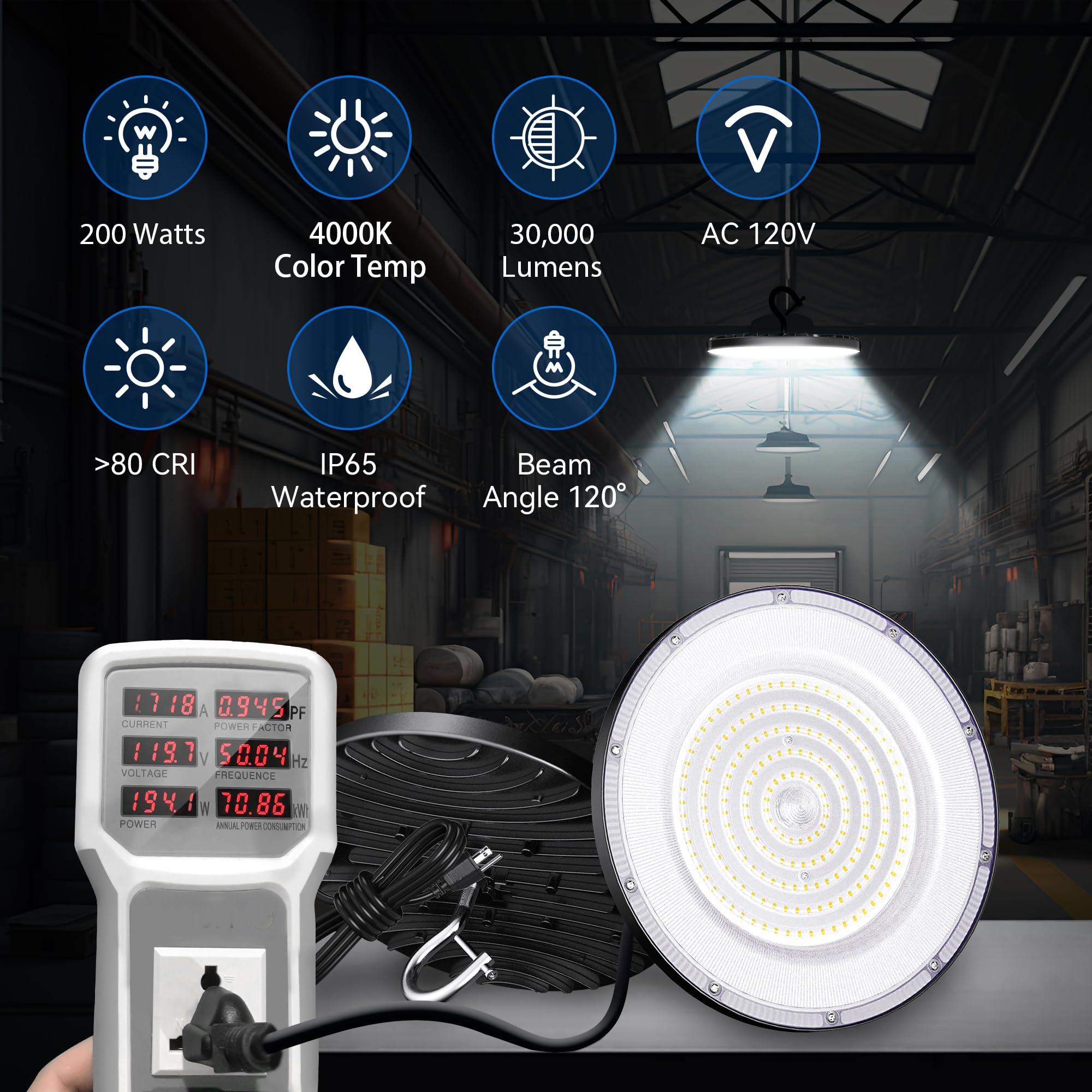 Yihuven 4 Pack UFO LED High Bay Light 200W, 4000K, 30000lm, IP65 Waterproof, Aluminum, White, Model HC-UFO-CLD200