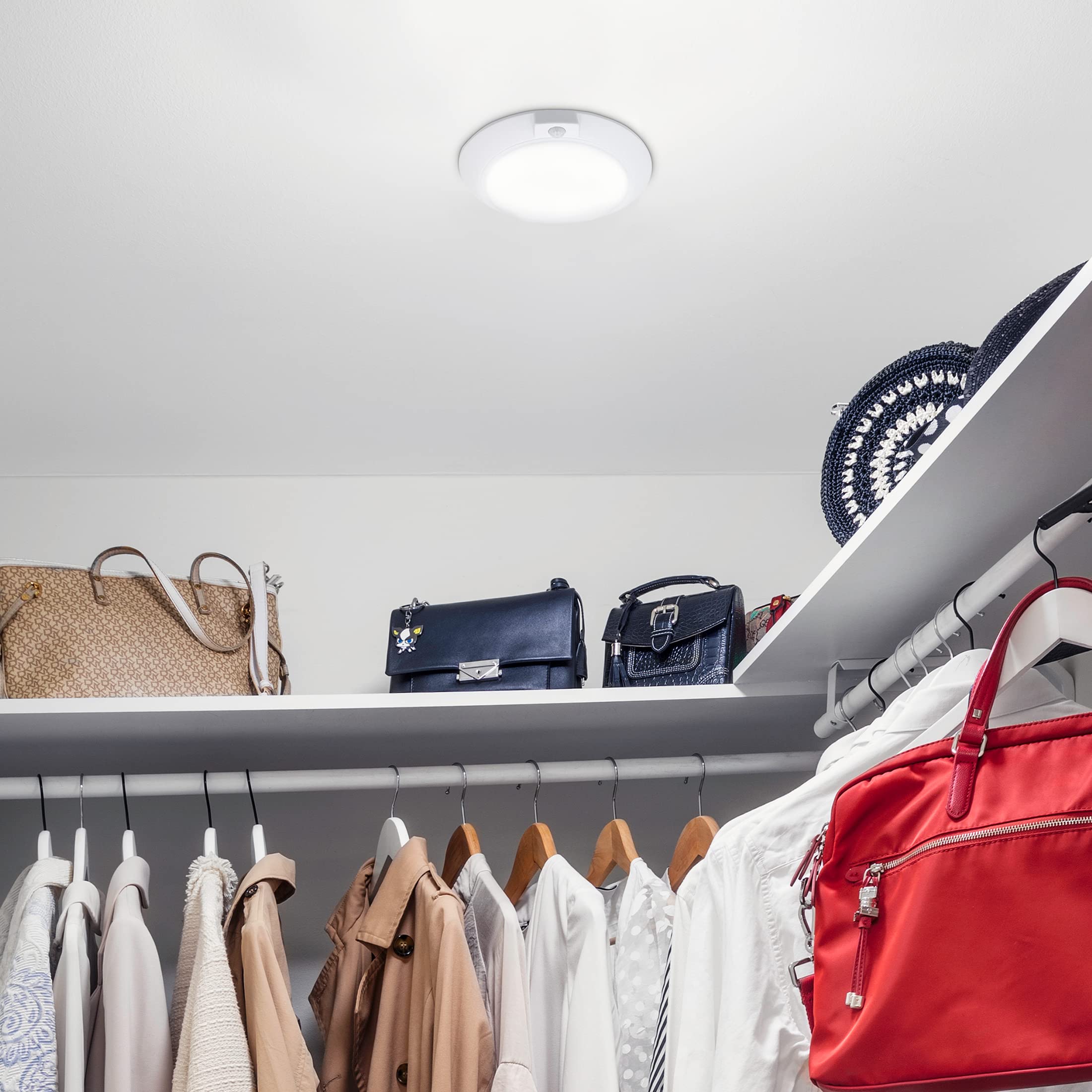 Maxxima Motion Sensor LED Ceiling Light Fixture - 600 Lumens, 3000K Warm White, Indoor Dome Light, Model MCL-710600W