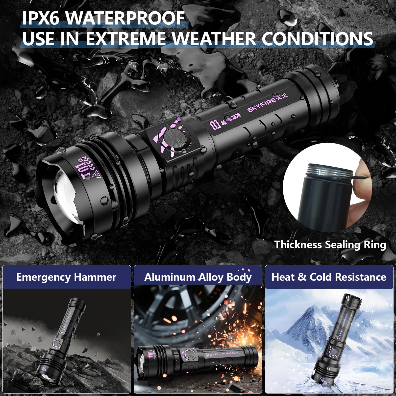 SKYFIRE Rechargeable Flashlight 3000lm LED Super Bright Tactical Waterproof Black