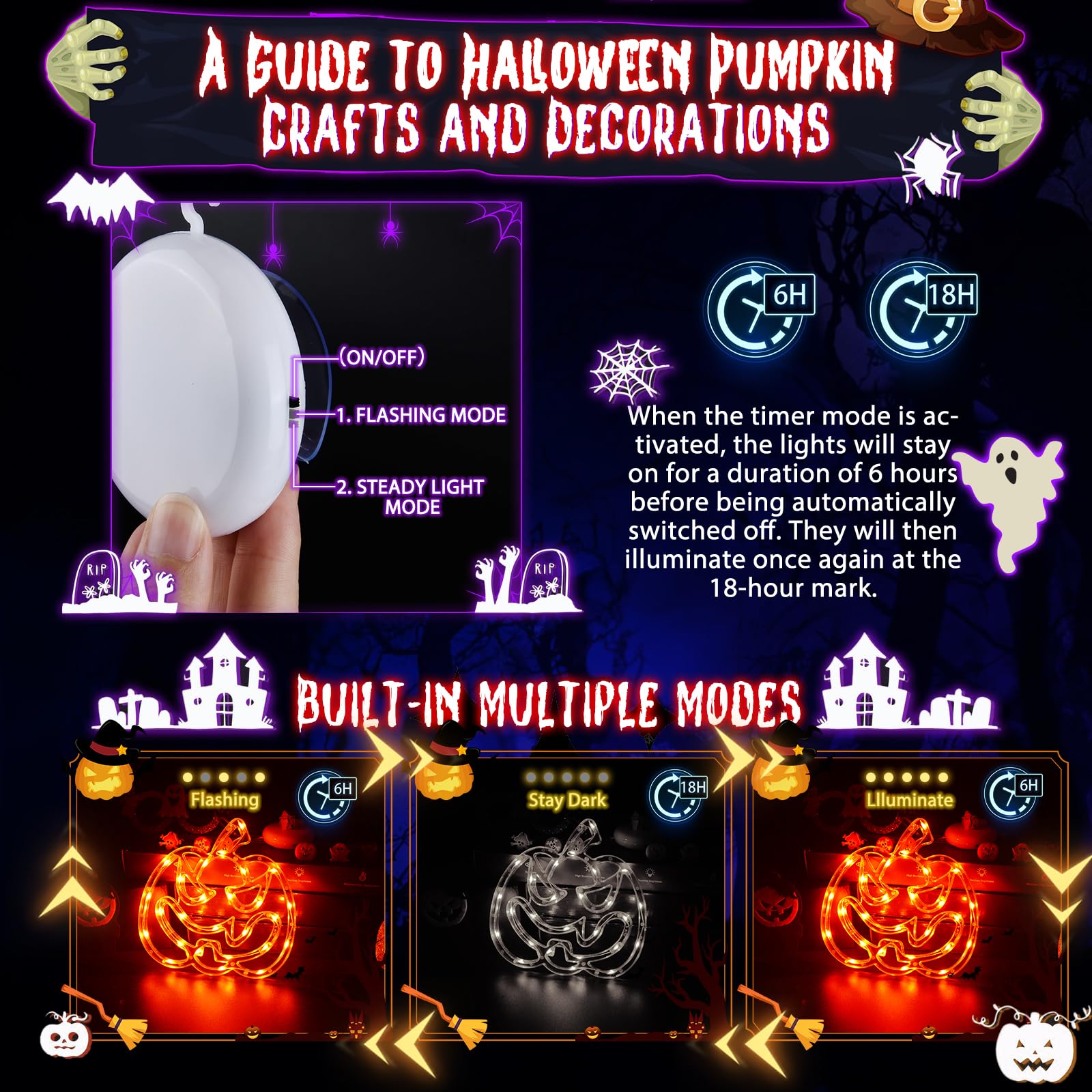 Tiaxidex Halloween Window Lights, Halloween Decorations 3Pcs Skull Pumpkin Castle With Modes Of Flashing And Steady Light With Suction Cup, Upgrade Timer, Battery Operated Halloween Window Decoration