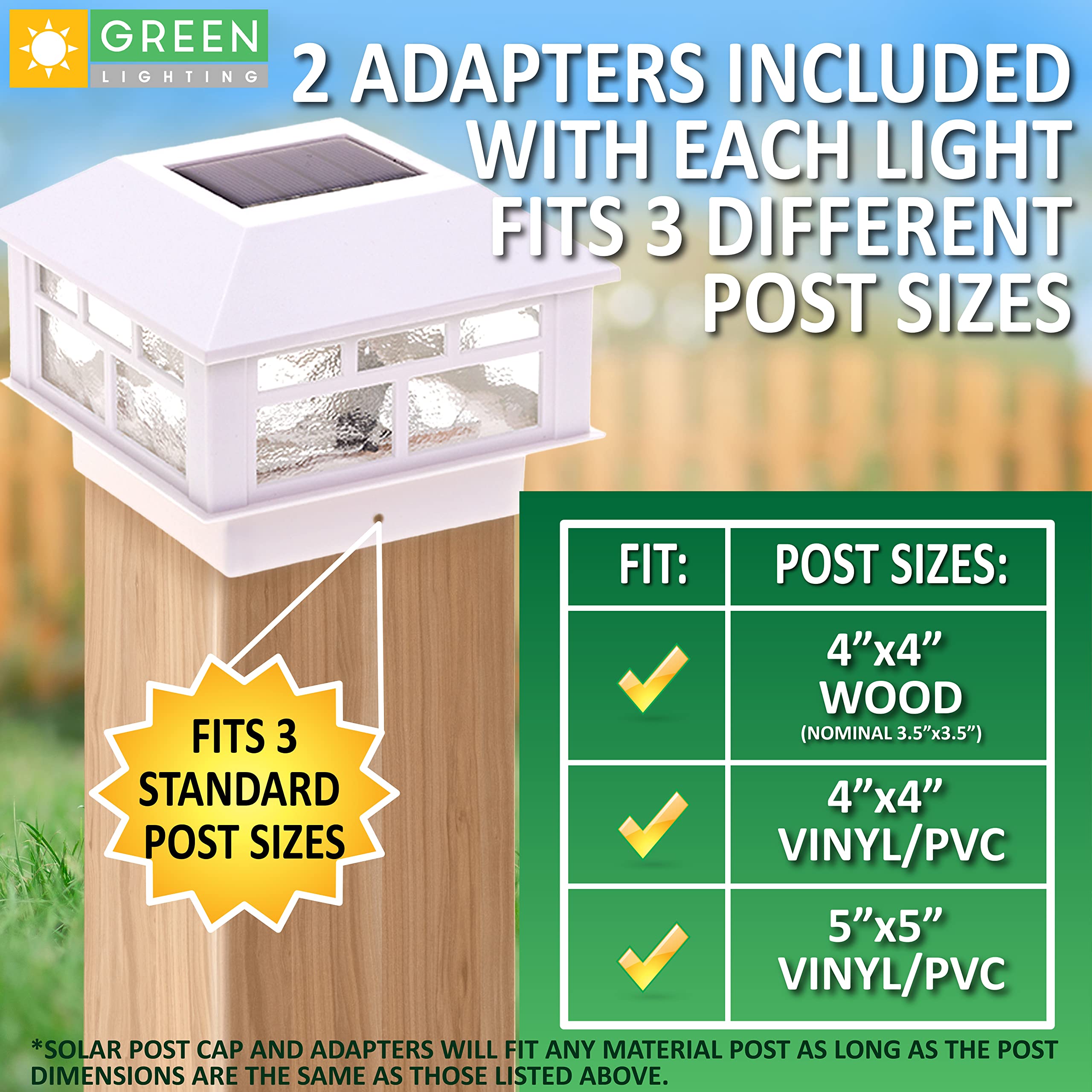 GreenLighting Solar Post Cap Lights, Waterproof White, 12 Pack, Fits 4x4 Wood & 5x5 PVC/Vinyl, Bright LED, Model TN-1222607