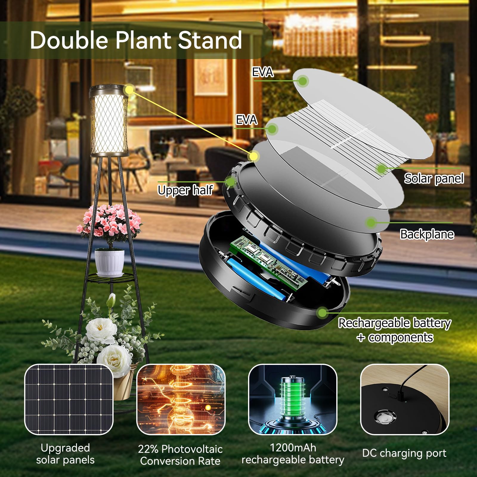 Satucol 4 Pack 45.4'' Outdoor Floor Lamp Ip65 Waterproof, Solar Lights Outdoor With 2 Plant Stand,Outdoor Patio Decor With Usb C