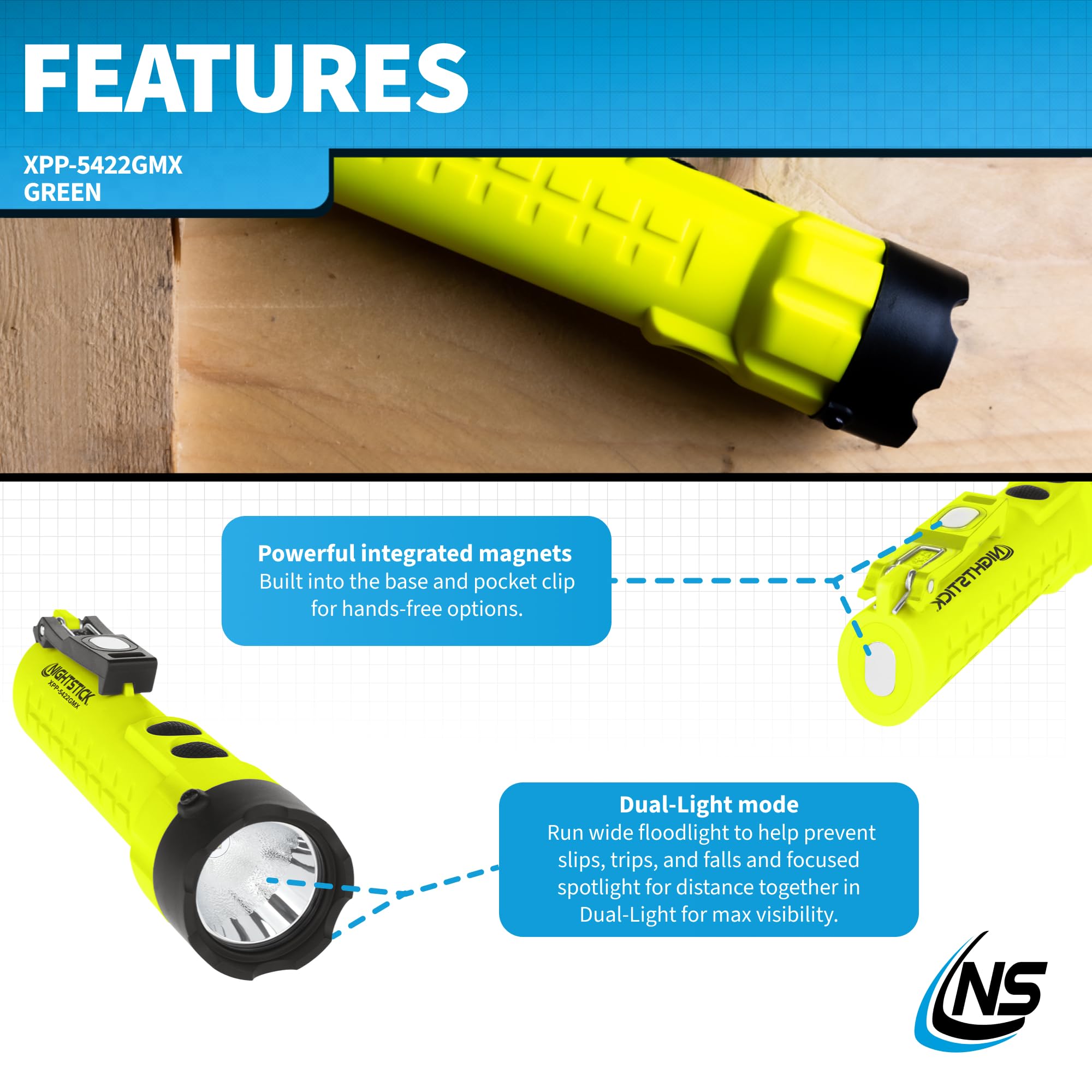 Nightstick X-Series Dual-Light Flashlight, Xpp-5422Gmx, Intrinsically Safe, Medium, Polymer, Green/Black