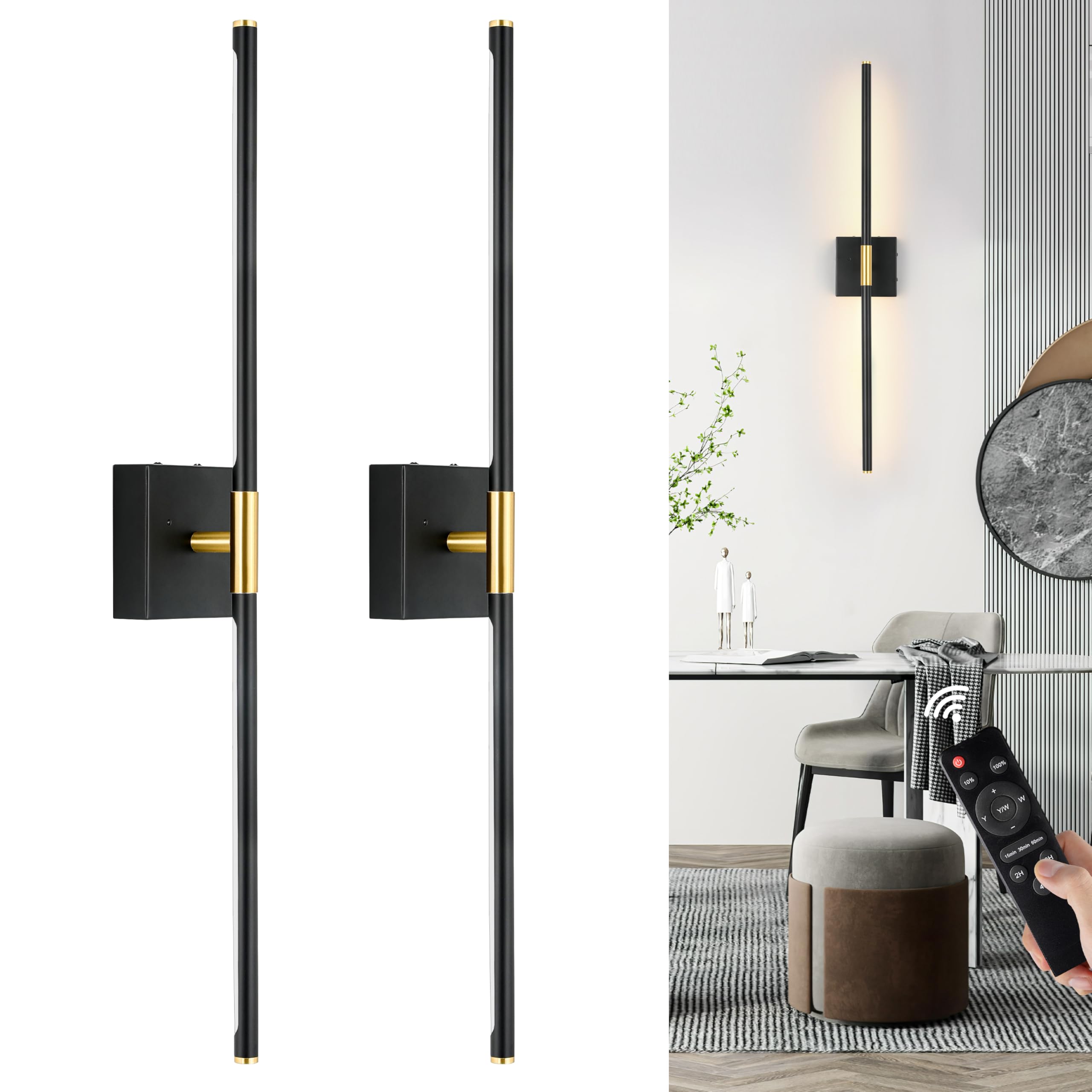 10000mAh Battery Operated Wall Sconces Set of 2, 3 Color Dimmable Rechargeable Wall Light with Remote, 30 Inch Black Gold Wirele