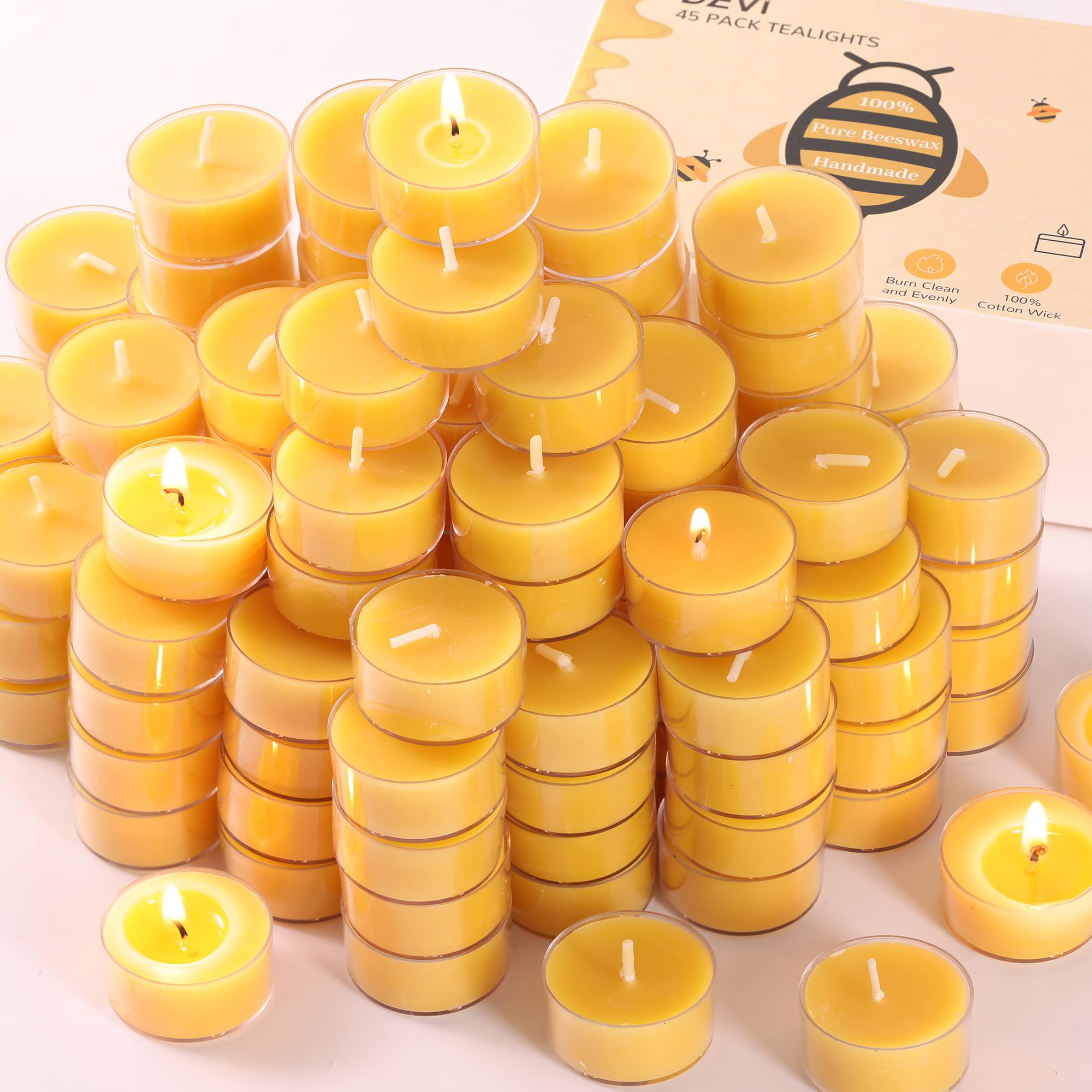 DEVI Beeswax Tea Light Candles 45 Pack, 4 Hours Burn Time, Yellow, Model BS-FL6789