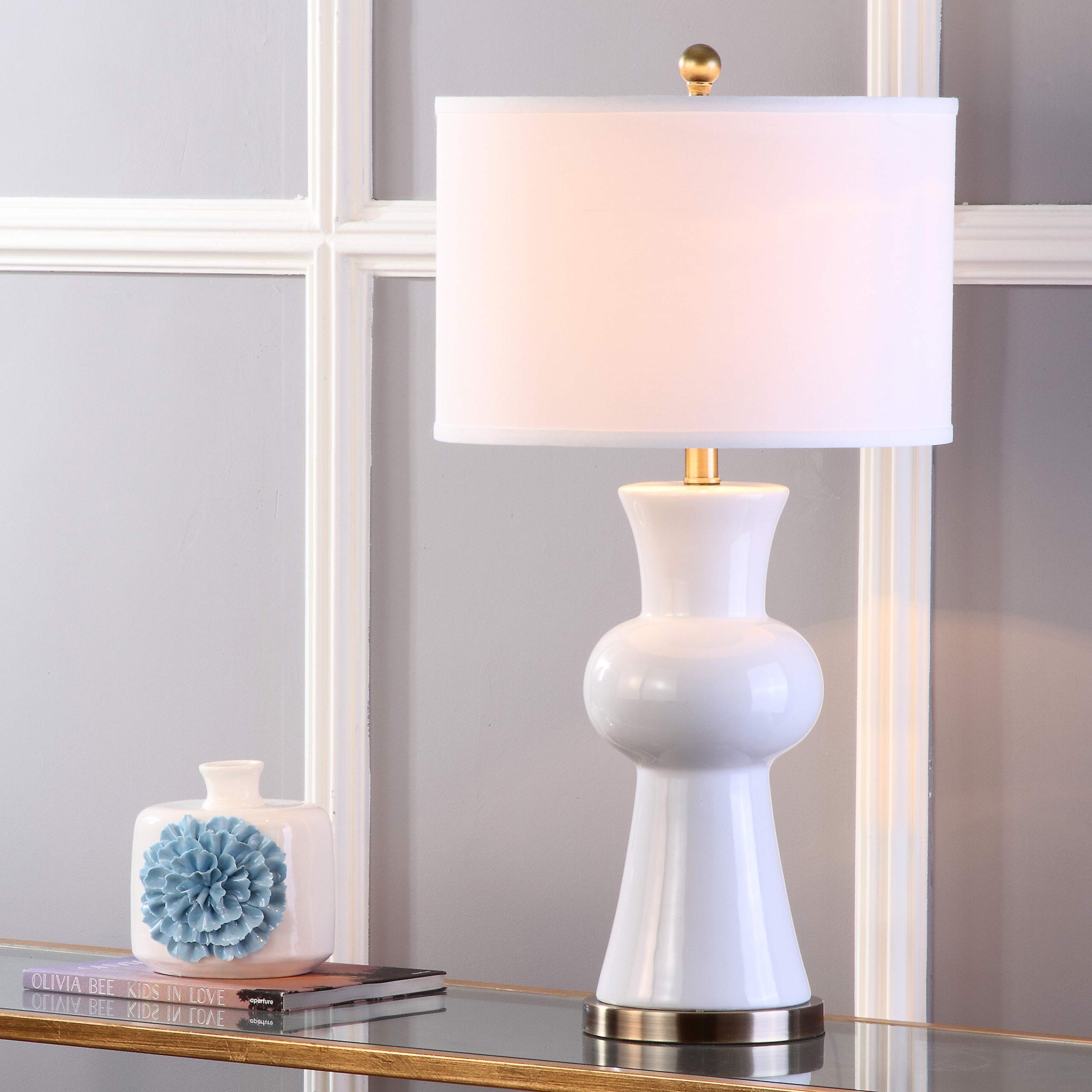 SAFAVIEH Lighting Collection - Lola Column Table Lamp, 30 White Ceramic Body with Drum Shade, Modern Accent Light (LIT4150B)