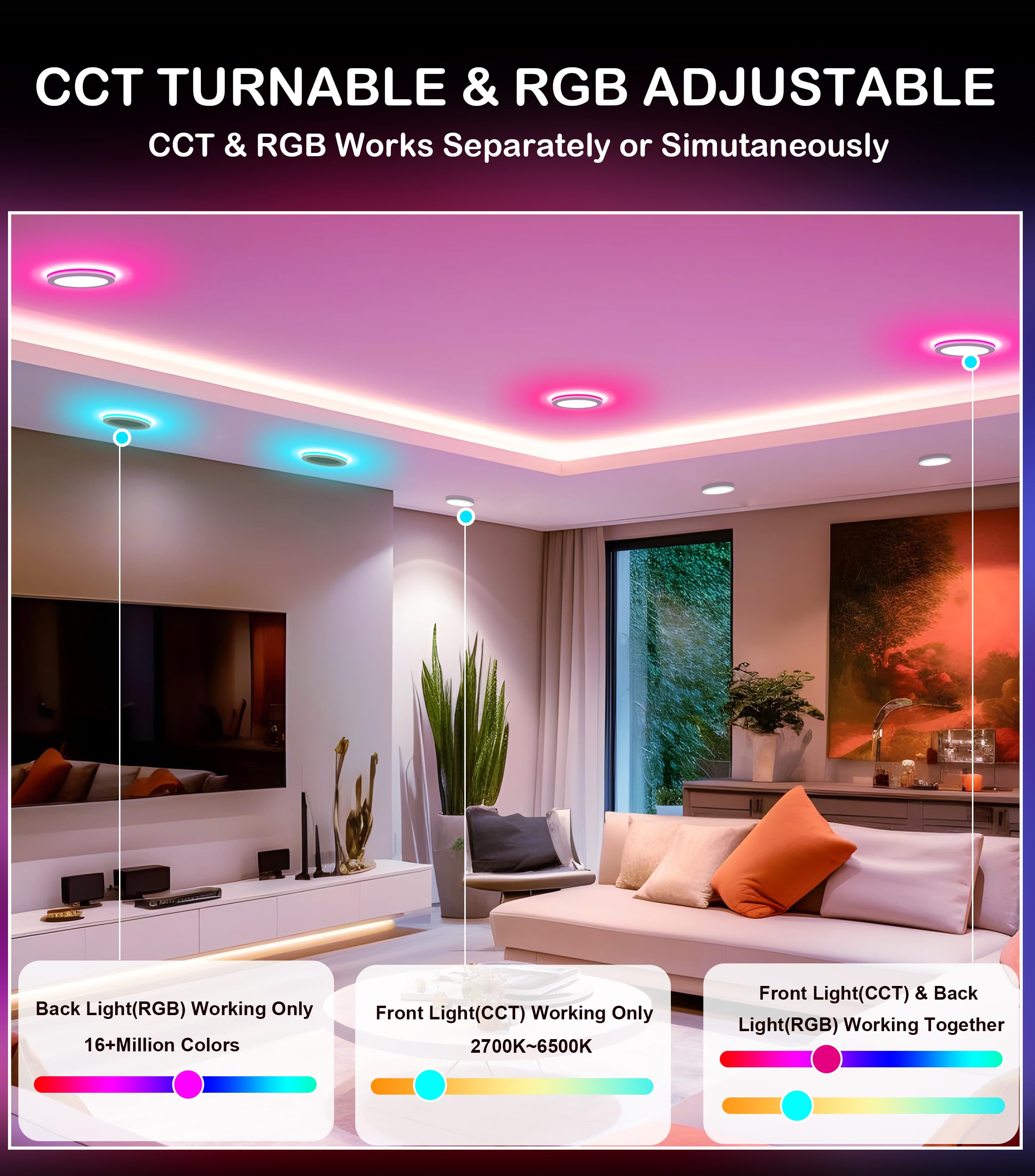 Cloudy Bay [6 Pack] 4 Inch Smart Led Recessed Ceiling Light With Rgb Back Light,Hub Included,10W 2700K-6500K,2W Color Changing Ultra-Thin Recessed Lighting, Baffle Trim Wafer Downlight, Hub Included