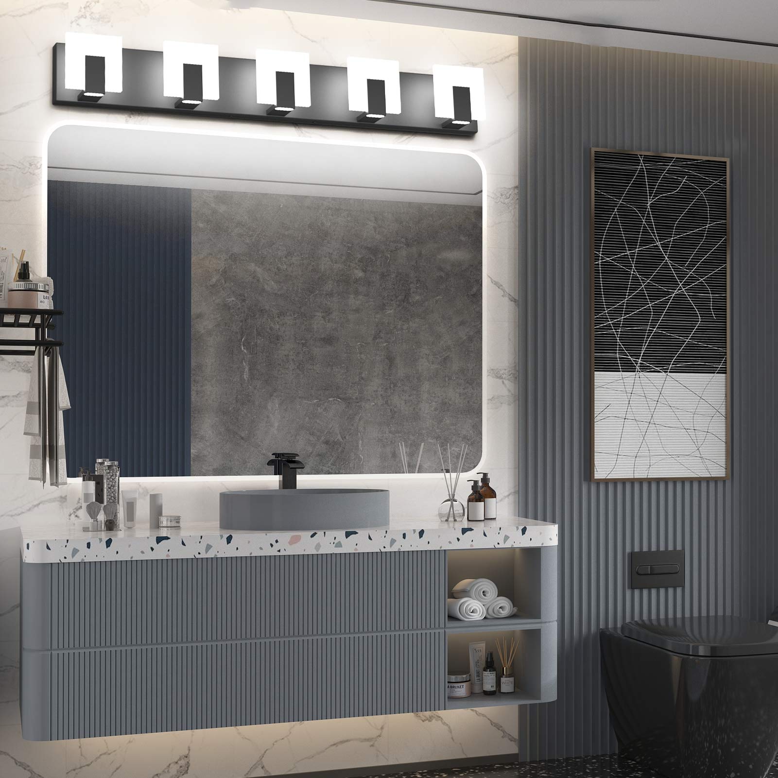 Aipsun Modern Black Vanity Light - 5 Lights, Aluminum, Led, 6000K, Bathroom Wall Fixture Over Mirror