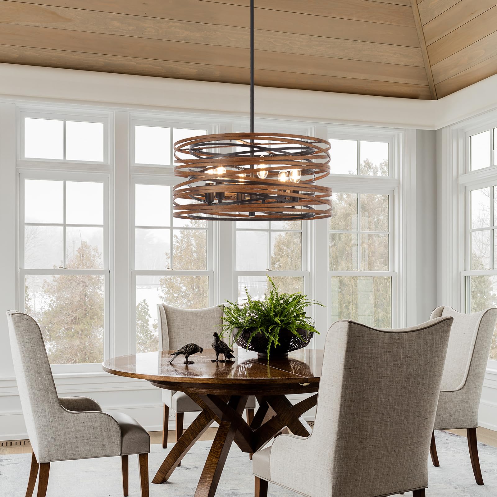 Yomecoo 19.7'' Drum Chandelier Light Fixture Vintage Farmhouse 6-Lights Black Chandelier With Wooden Finish Industrial Rustic Dr