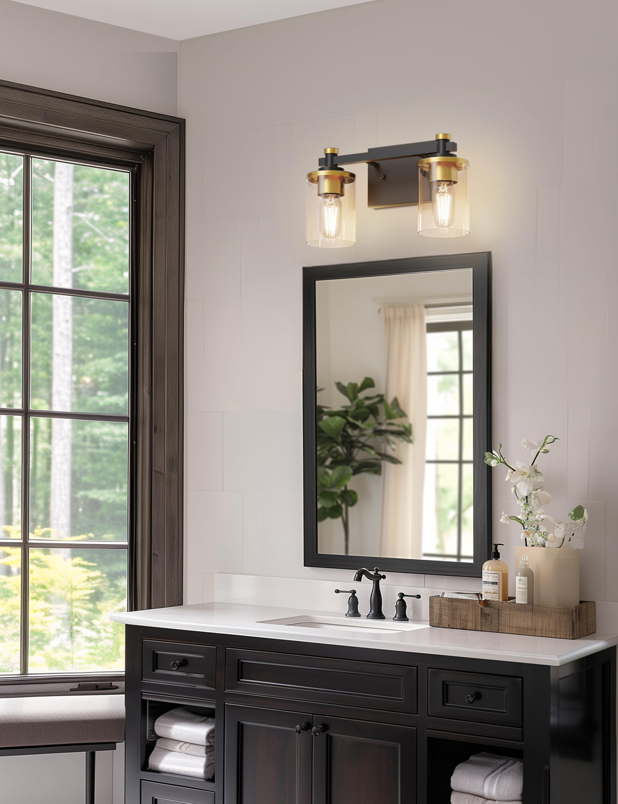 L LOHAS LED 2-Light Bathroom Vanity Light Fixture, Metal, Black and Gold, Clear Glass Shade, Model 6fc45a97-f4b7-4035-bab5-a5