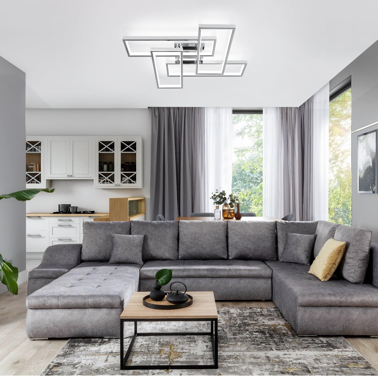 Sovinzert Dimmable LED Ceiling Light 26In Modern Chrome 4-Square Fixture with Remote Control for Living Room, Kitchen, Bathroom, Dining Room