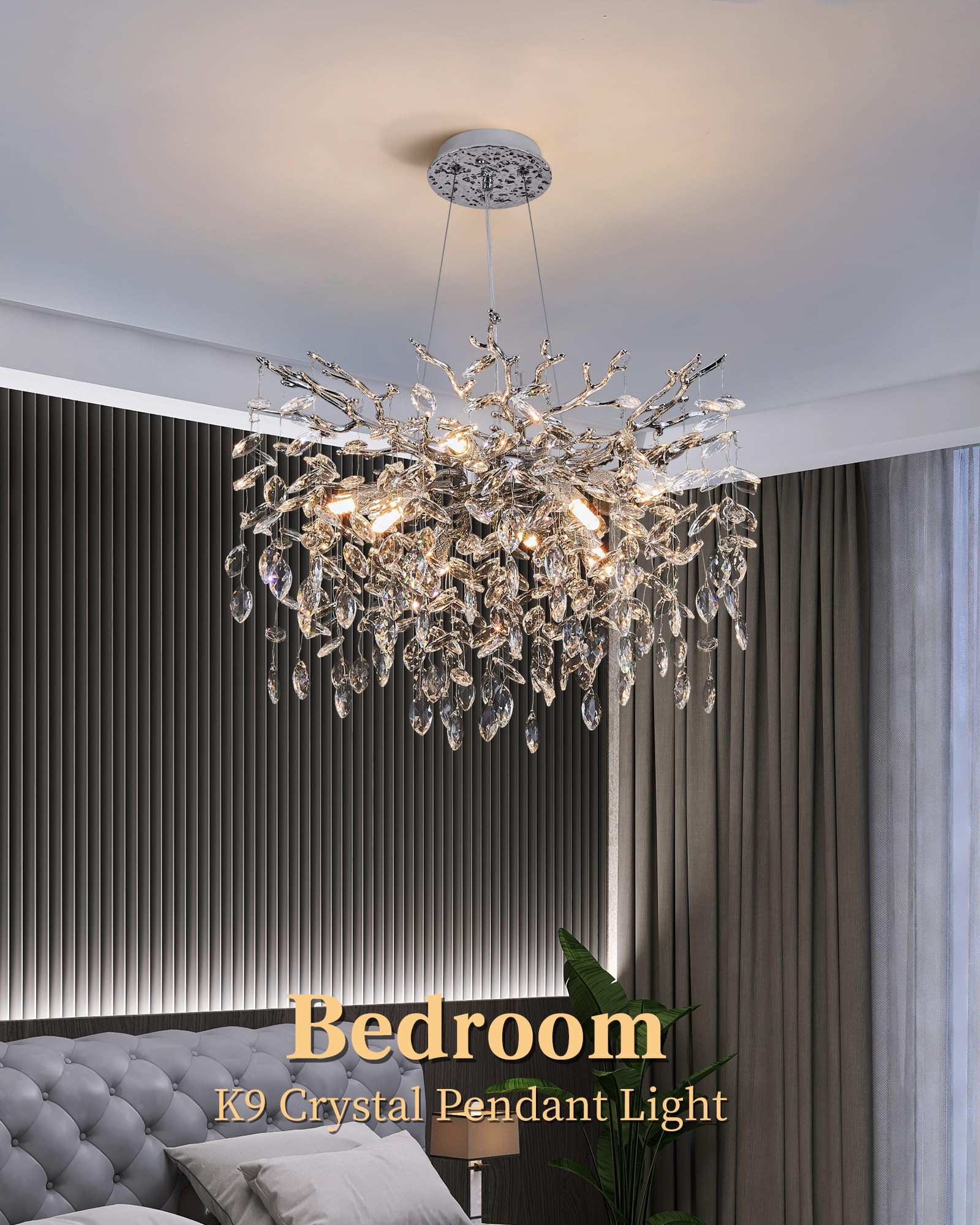 Modern Tree Branch Crystal Chandelier Luxury Silver Crystal Pendant Lighting 23.6'' Contemporary 8-Light Chandeliers For Dining