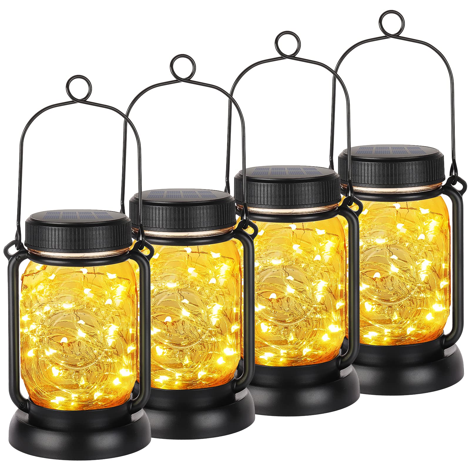 Mlambert 4 Pack Solar Hanging Lantern with Stakes, Outdoor Waterproof Solar Mason Jar Fairy String Lights Decorative Vintage Gla