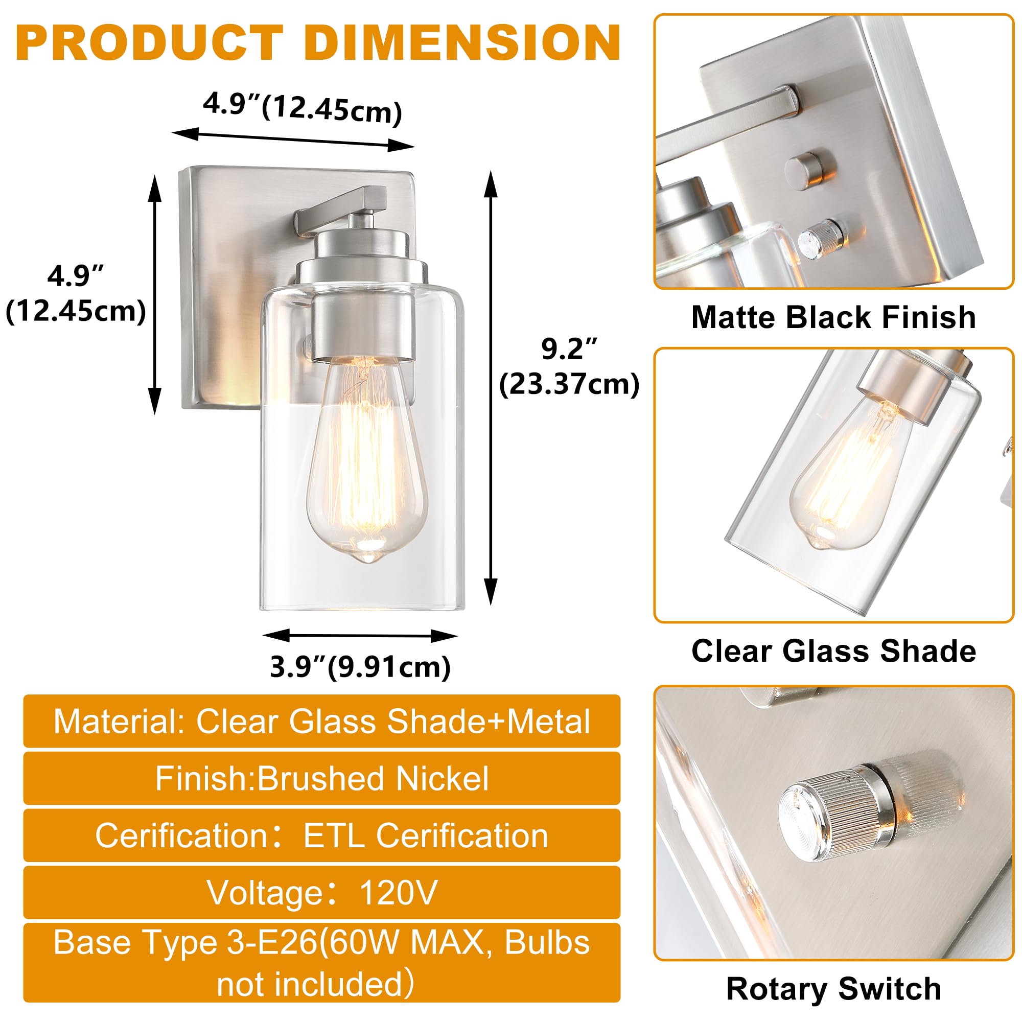 Pia Ricco Wall Sconces Set Of 2, Bedside Wall Lamps With Rotary Switch For Bedroom, Modern Bathroom Light Fixtures With Clear Gl