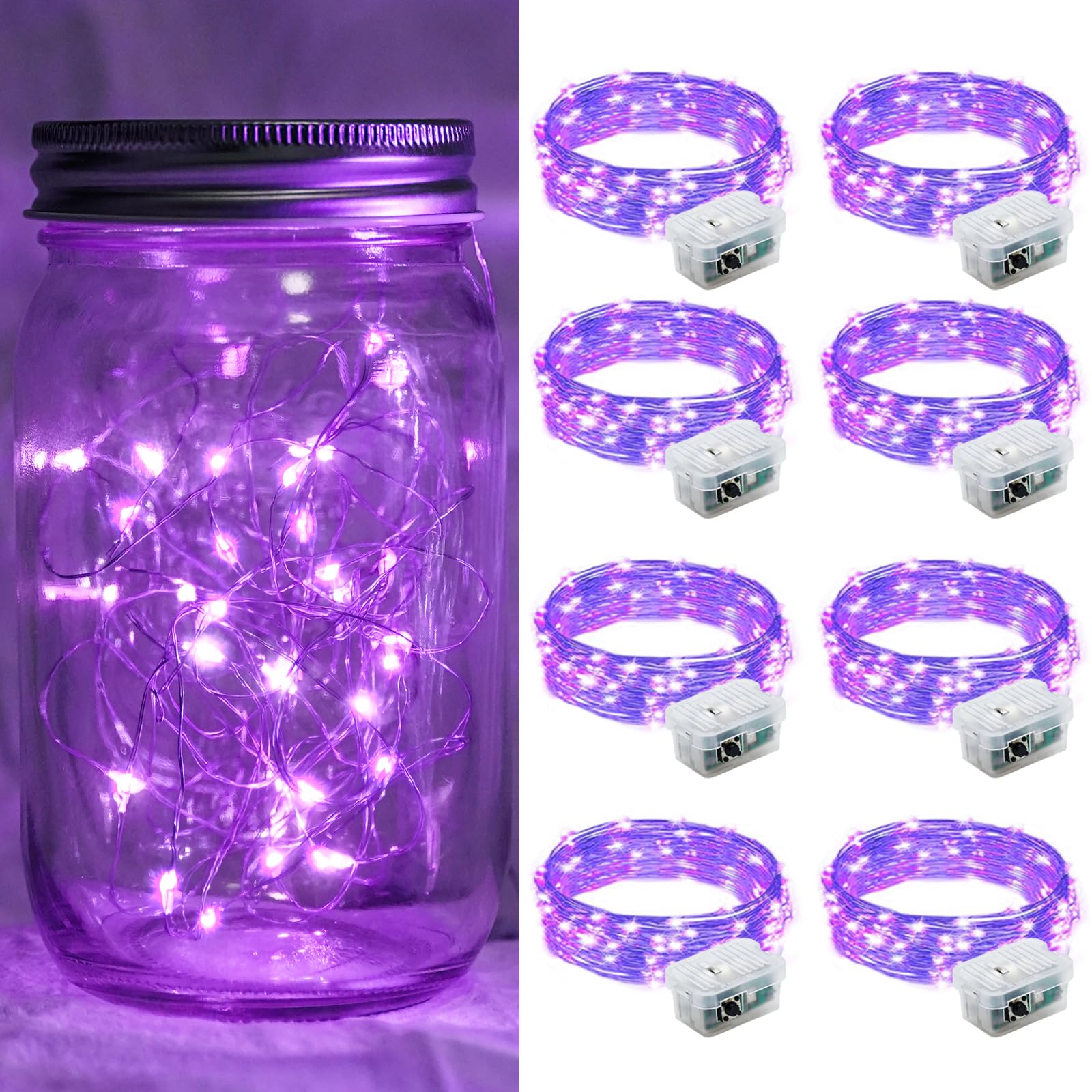 chzk LED Fairy Lights 8 Pack, 7Ft 20LED Twinkle Lights, Waterproof, Purple, Model A01-Mini for Mason Jars, Wedding, Christmas Decor