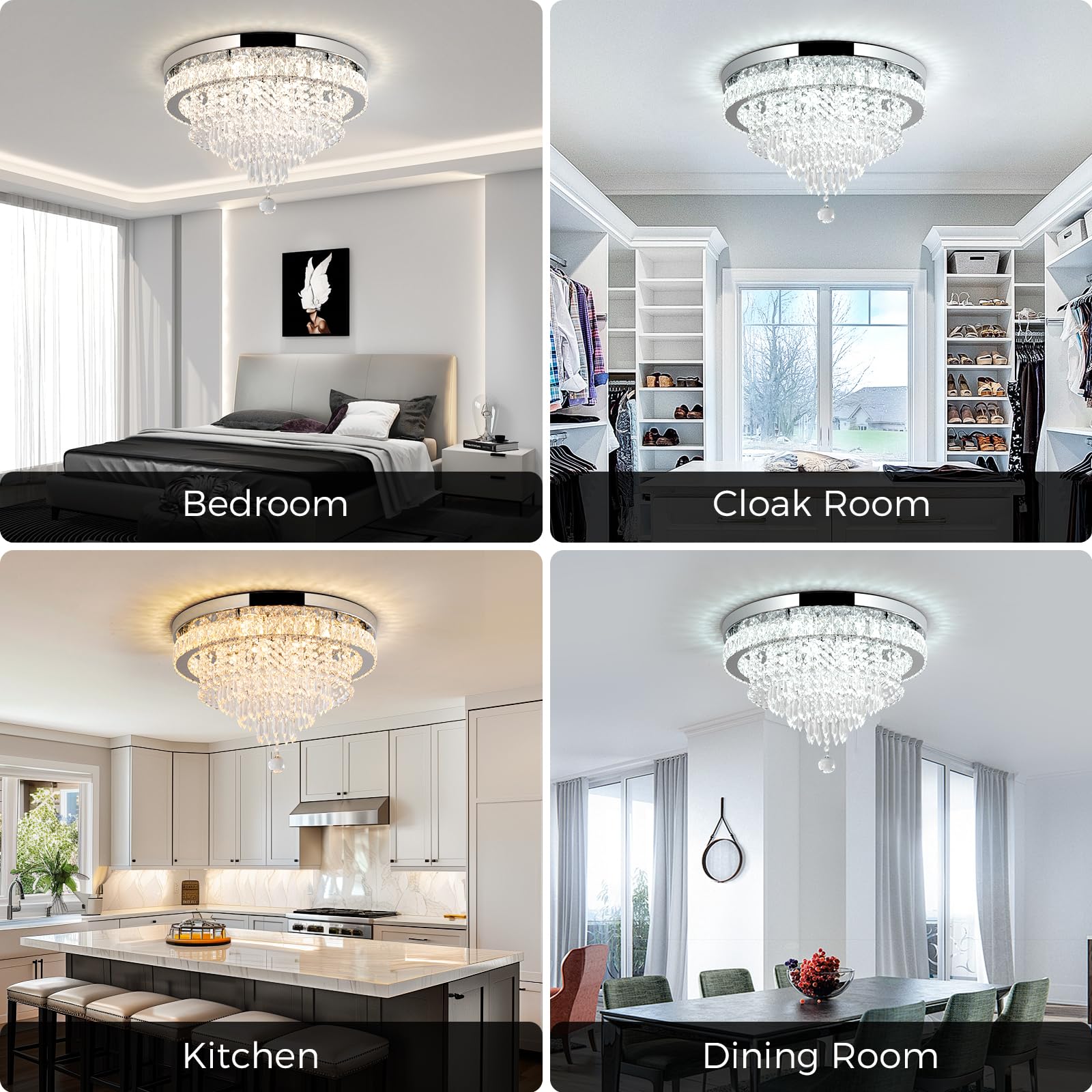 RHEAFON Dimmable Crystal Chandelier, Modern LED Flush Mount Light, 19.7 Inch, Silver and Chrome, Remote & APP Control, Model KY-MC010-DMA