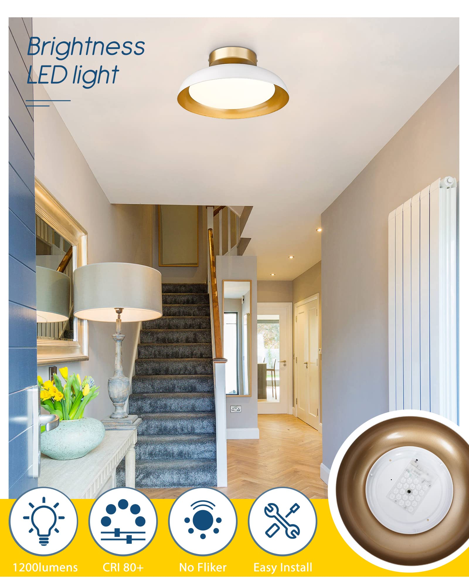 Kudos White And Gold Ceiling Light Fixture 2 Pack, Led Semi Flush Mount Light Fixture, 12W/1200Lm 12 Inch Ceiling Lights For Kitchen, Hallway, Bathroom, 3000K/4000K/6000K Adjustable, Kdcl01-Wt-2Pk