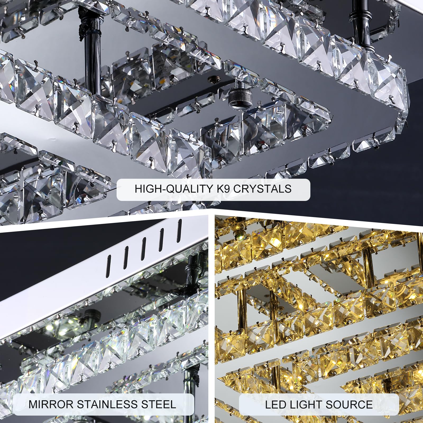 24'' Large Crystal Chandelier With Remote Control, 3 Color Temperature Light Fixture & Brightness Adjustable, Modern Flush Mount