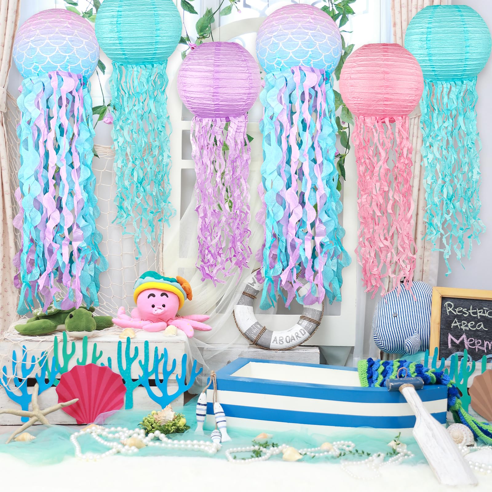 Blue Pink Purple Hanging Jelly Fish Paper Lanterns, Gradient Colorful Paper Lanterns For Mermaid Theme Party, Under The Sea Birt