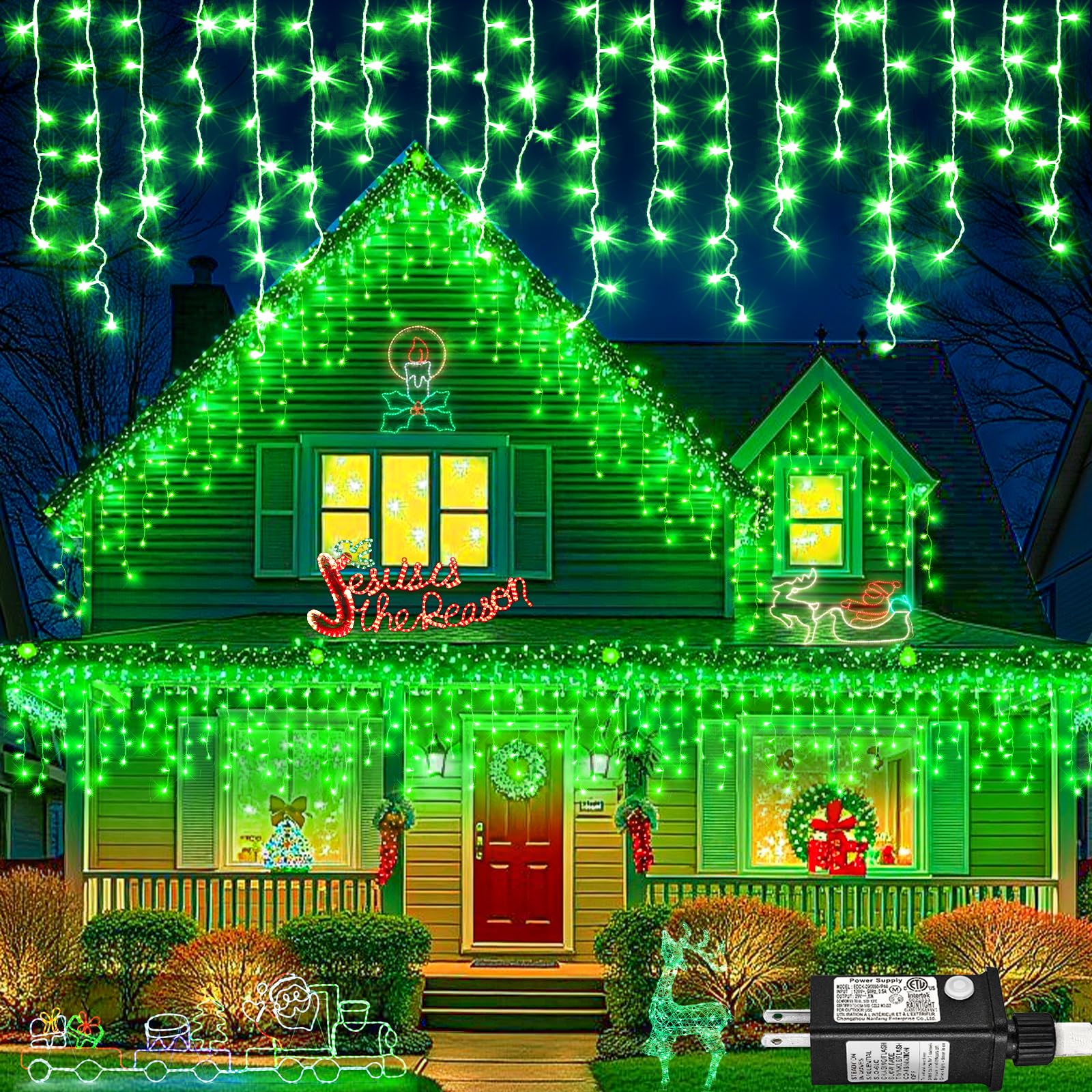 33ft Icicle Lights for Outside, Green Christmas Lights Outdoor Waterproof, 400 LED Twinkle Tree With 75 Drops Clear Wire Short C