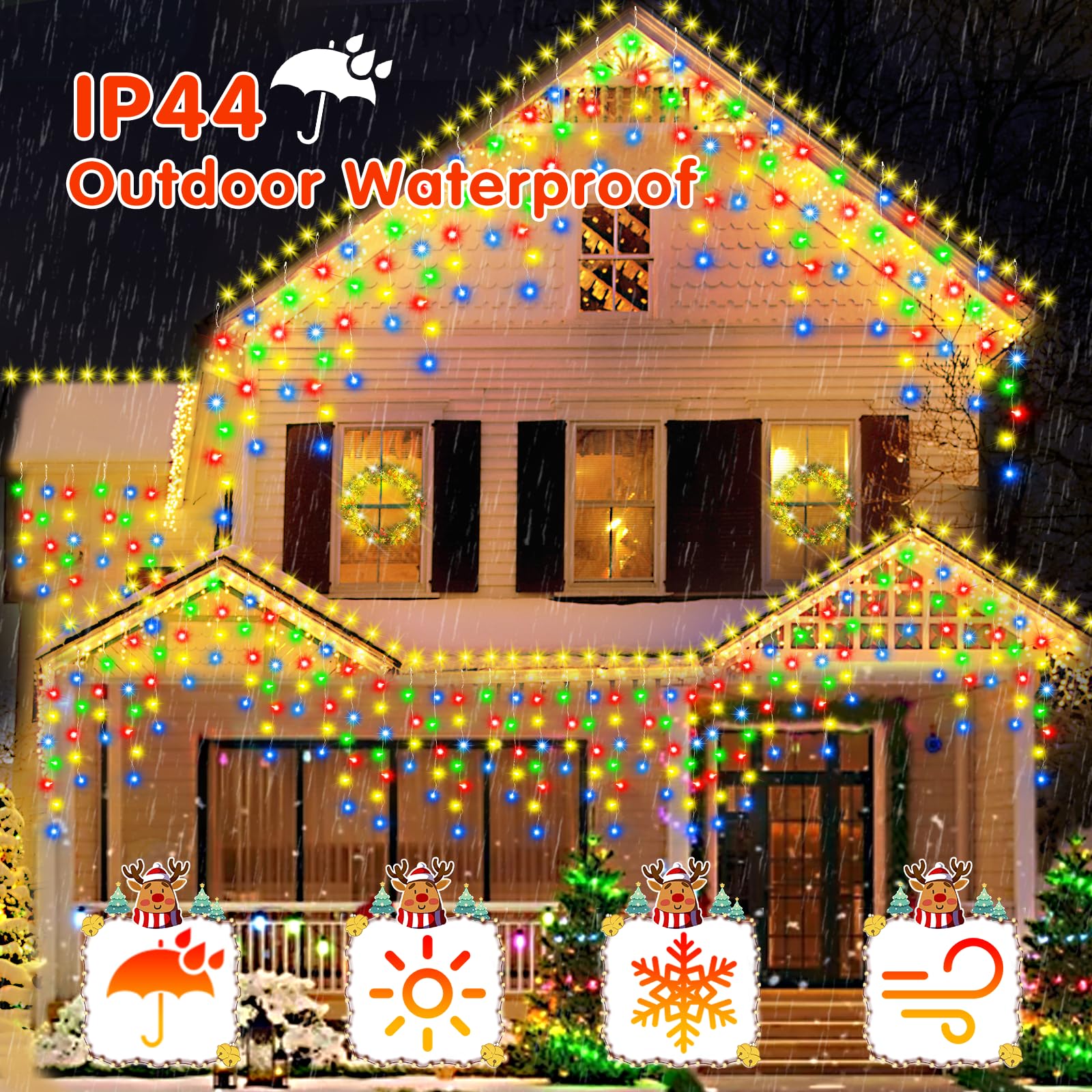 Jrewdoin 33Ft 400Led Christmas Lights Outdoor Waterproof Curtain Lights With 8 Modes Timer Hanging Fairy Lights Plug In String Lights For Holiday Wedding Party Decoration(Multicolor)