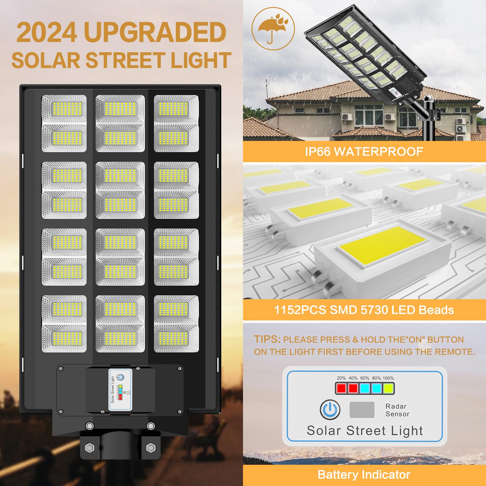 Deepn Solar Street Lights - 3200W, 300000 Lumens, Dusk to Dawn, Motion Sensor, IP66 Waterproof, Black, 2 Pack