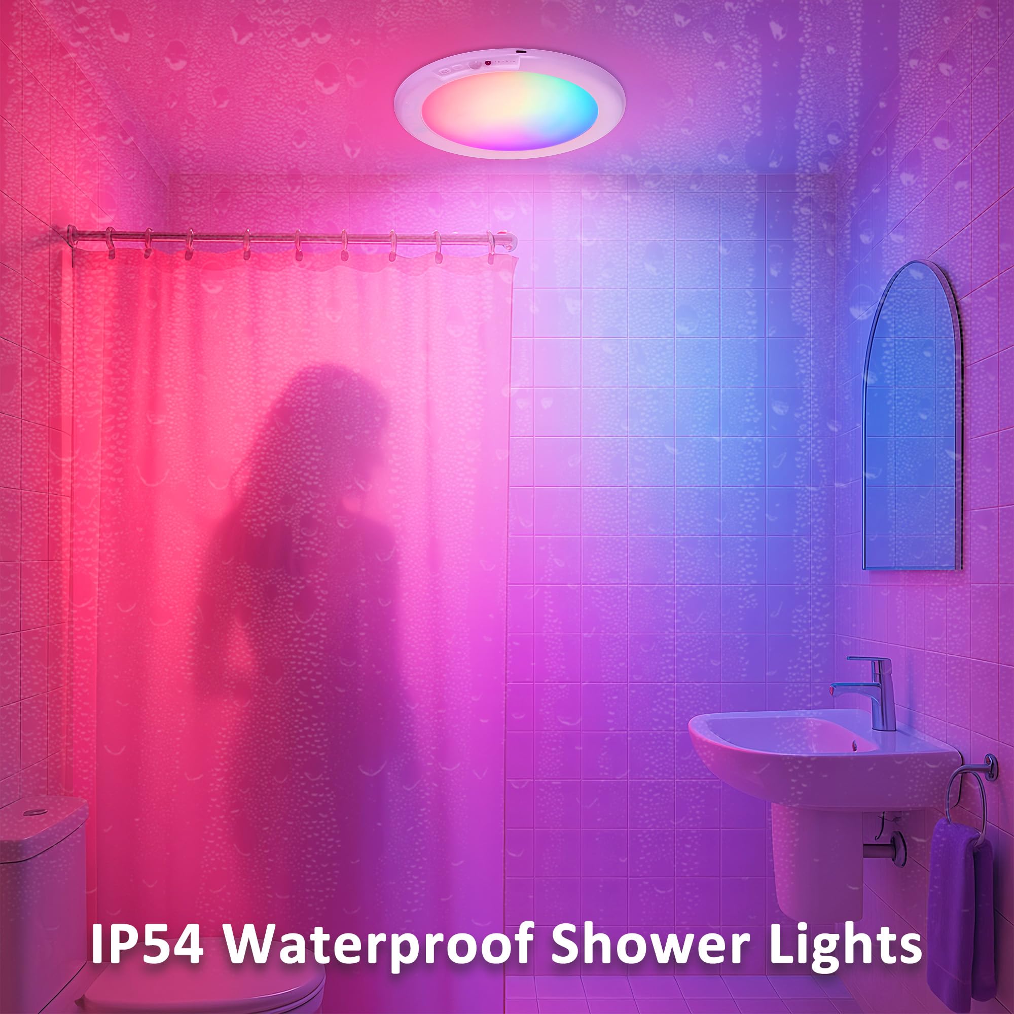 Maylit Shower Lights 2 Pack  Rgbw Rechargeable Ceiling Light  Waterproof Battery Operated Lamp  Wireless Stick On Inside Motion Sensor Mood Led Lighting For Bathroom No Wiring  Indoor