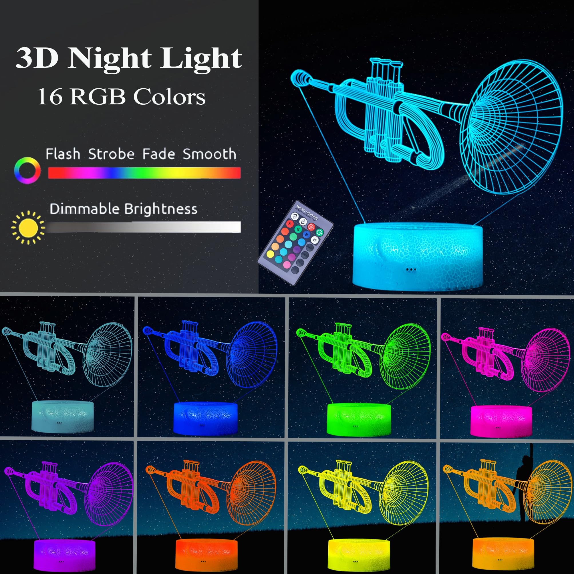 Posshe Trumpet Night Light, Trumpet Gifts, 3D Illusion Lamp With 16 Colors Changing, Remote Control And Dimmable, Kids Boys Girl