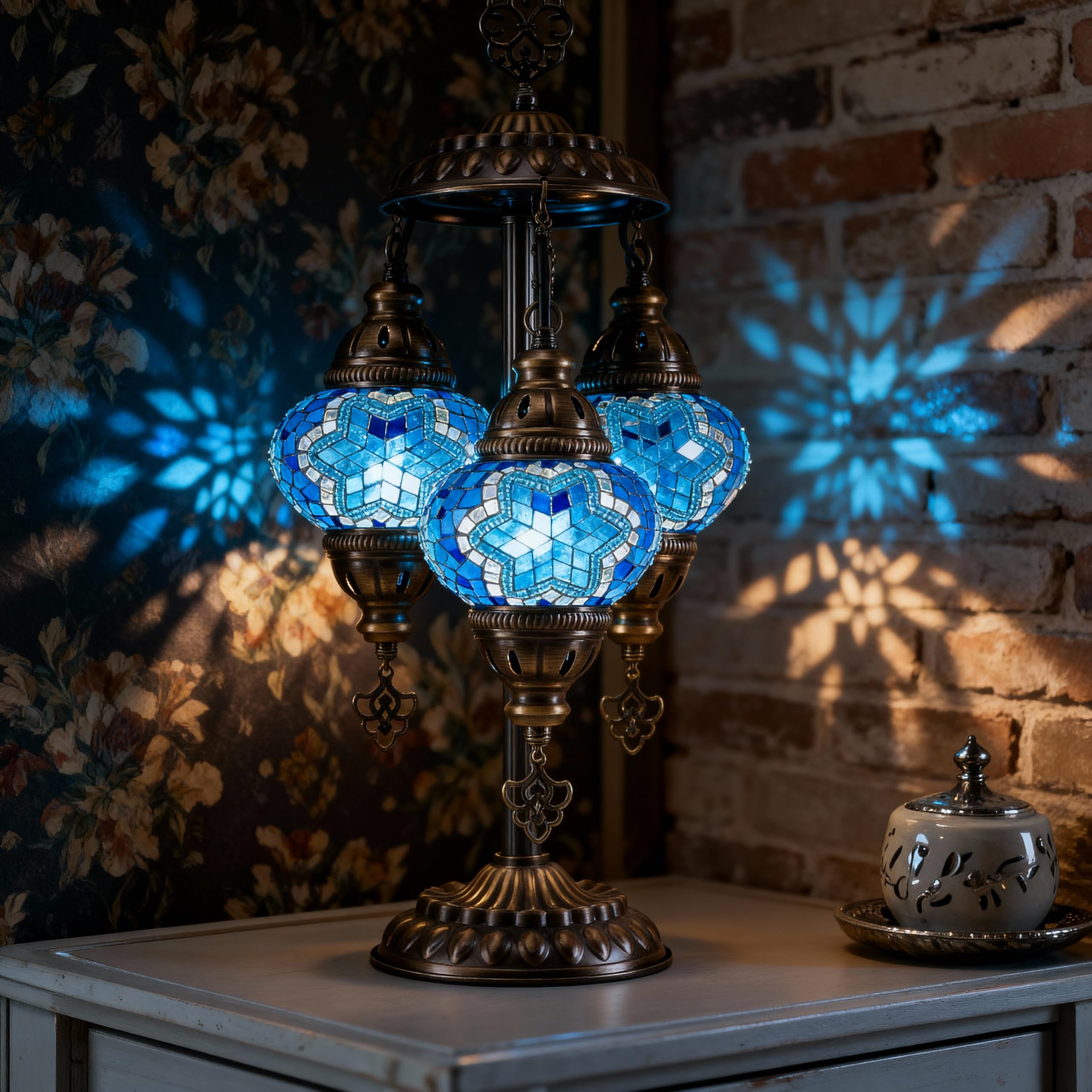 Mozaist Turkish Mosaic Lamp - Moroccan Handmade 3 Globe Table Light with Bulb (Sea Blue)