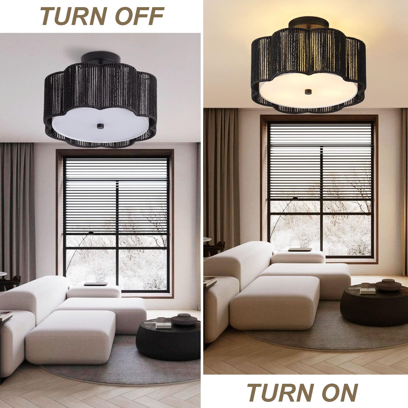 Giutna Rattan Ceiling Light Fixtures Flush Mount,3-Light Boho Light Fixtures Ceiling Mount For Bedroom,Close To Ceiling Light Mo