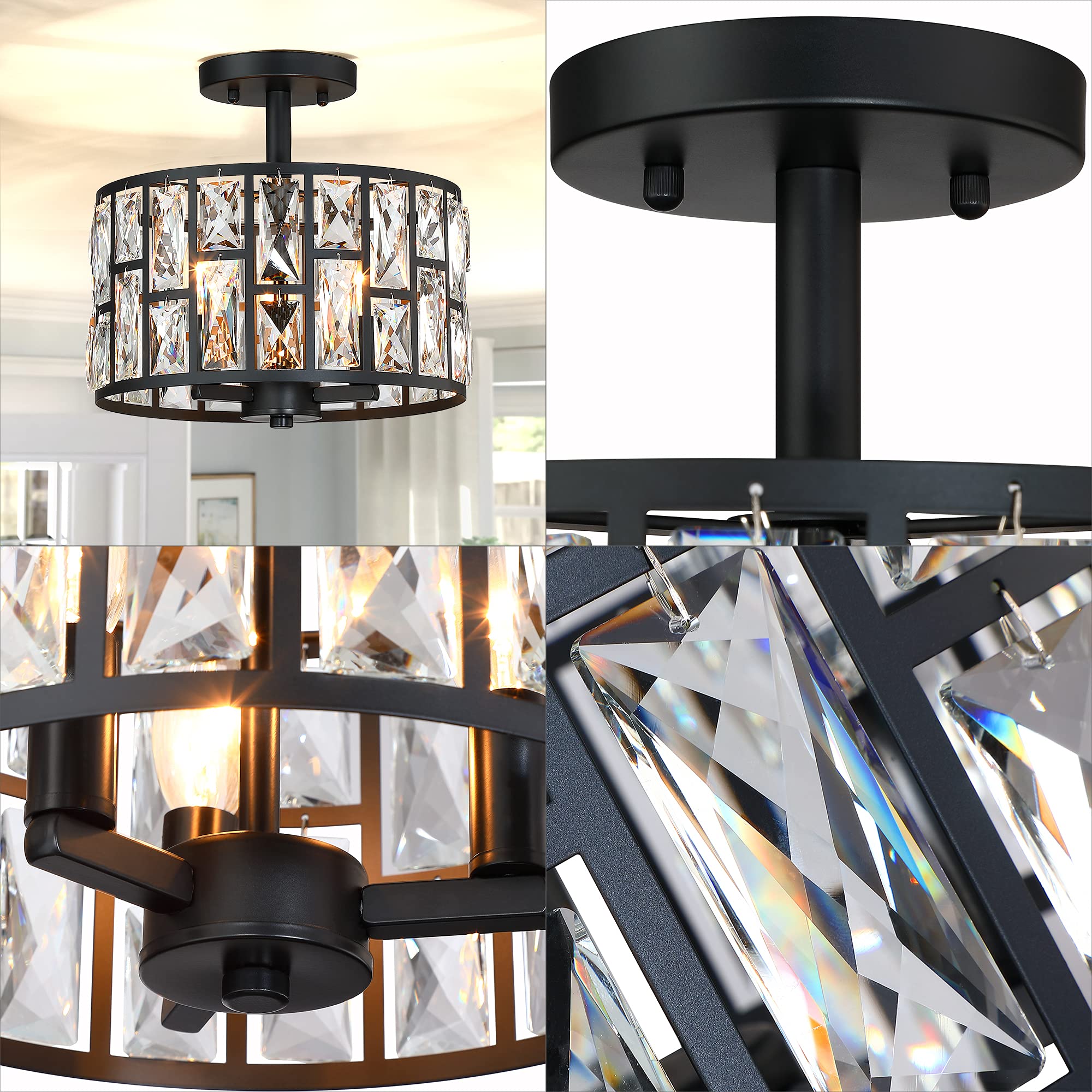 Mexo Black Farmhouse Crystal Semi Flush Mount Light Fixture, 3Lt Drum Shade For Home Decor