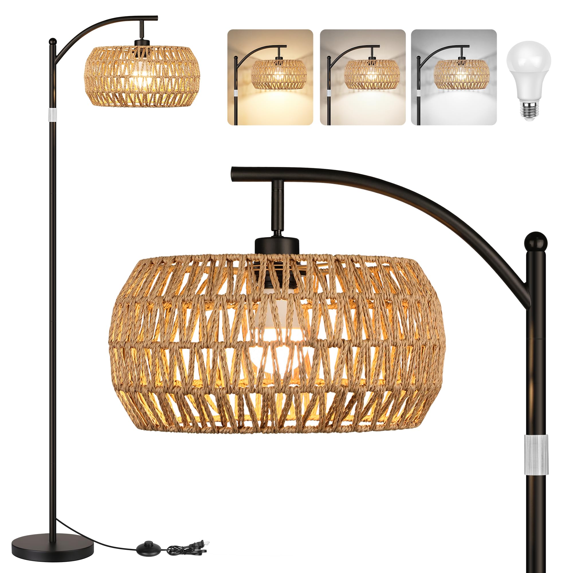 ROTTOGOON Boho Floor Lamp with Dimmable Bulb, Rattan Shade, Boho Standing Tall Lamps with Foot Switch, Black Bohemian Floor Lamp