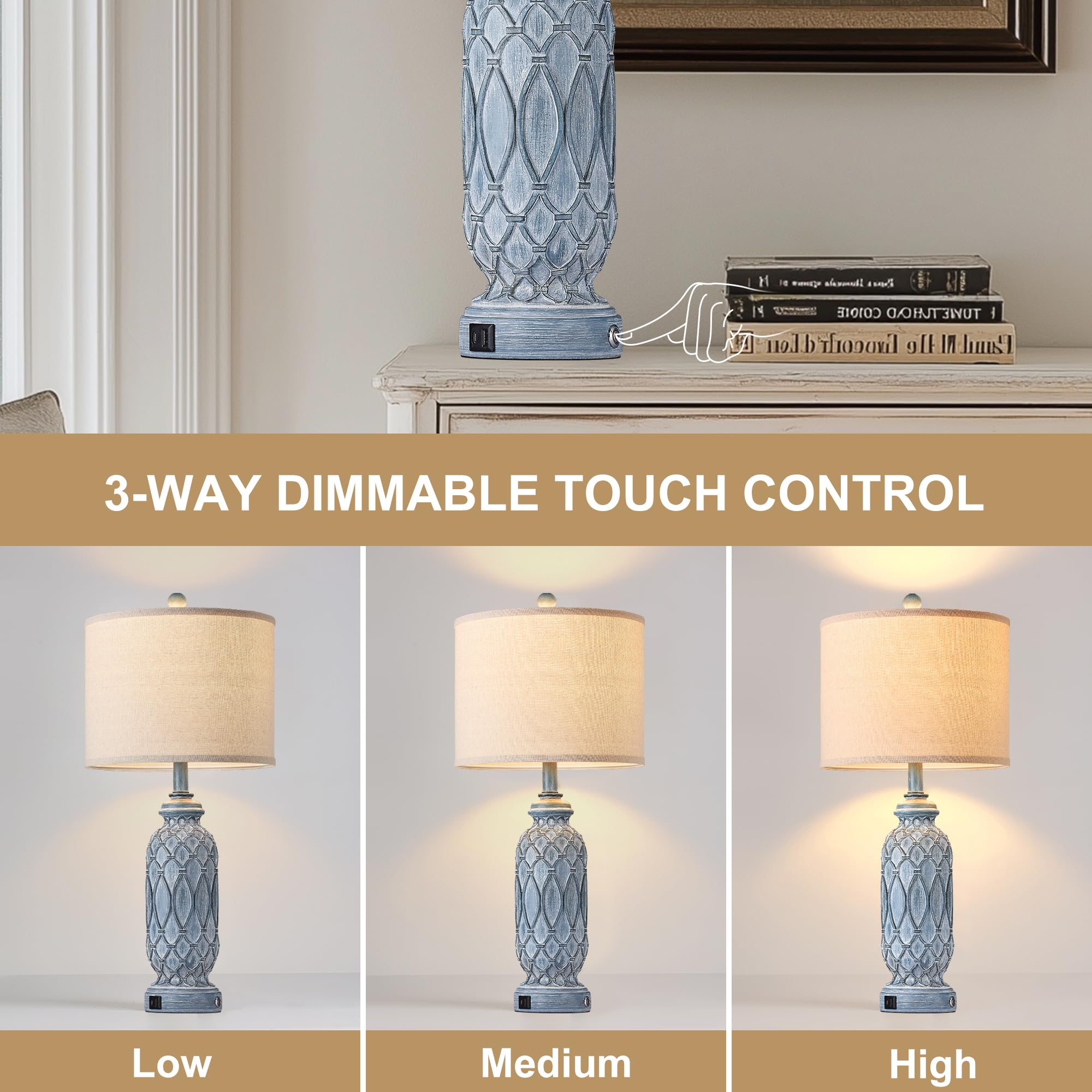 Srjjrs Farmhouse Lamps For Bedroom Set Of 2, 28'' Rustic Lamps For Living Room With Usb Ports, 3-Way Dimmable Nightstand Table L