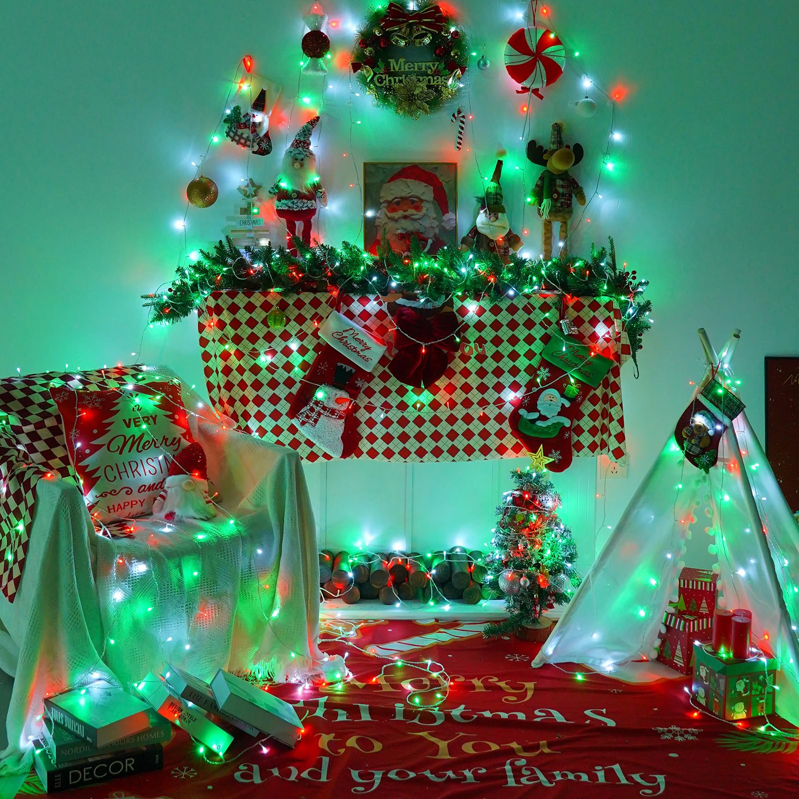 Yeguo 165Ft 500 Led Christmas Lights Outdoor Waterproof  Clear Wire String Lights Indoor Plug In  8 Modes Clear Wire Twinkle Tree Light For Xmas Party Garden(Red White And Green)