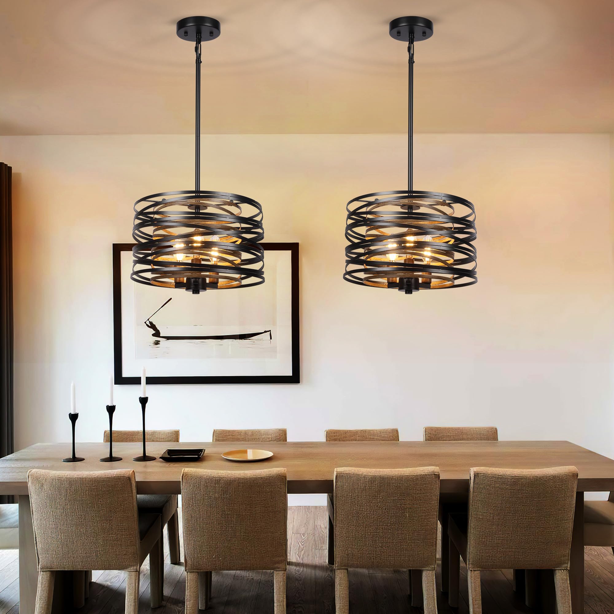 Sigaitwei 3-Light Rustic Black Drum Chandelier, Metal Light Fixture for Kitchen, Entryway, Living Room