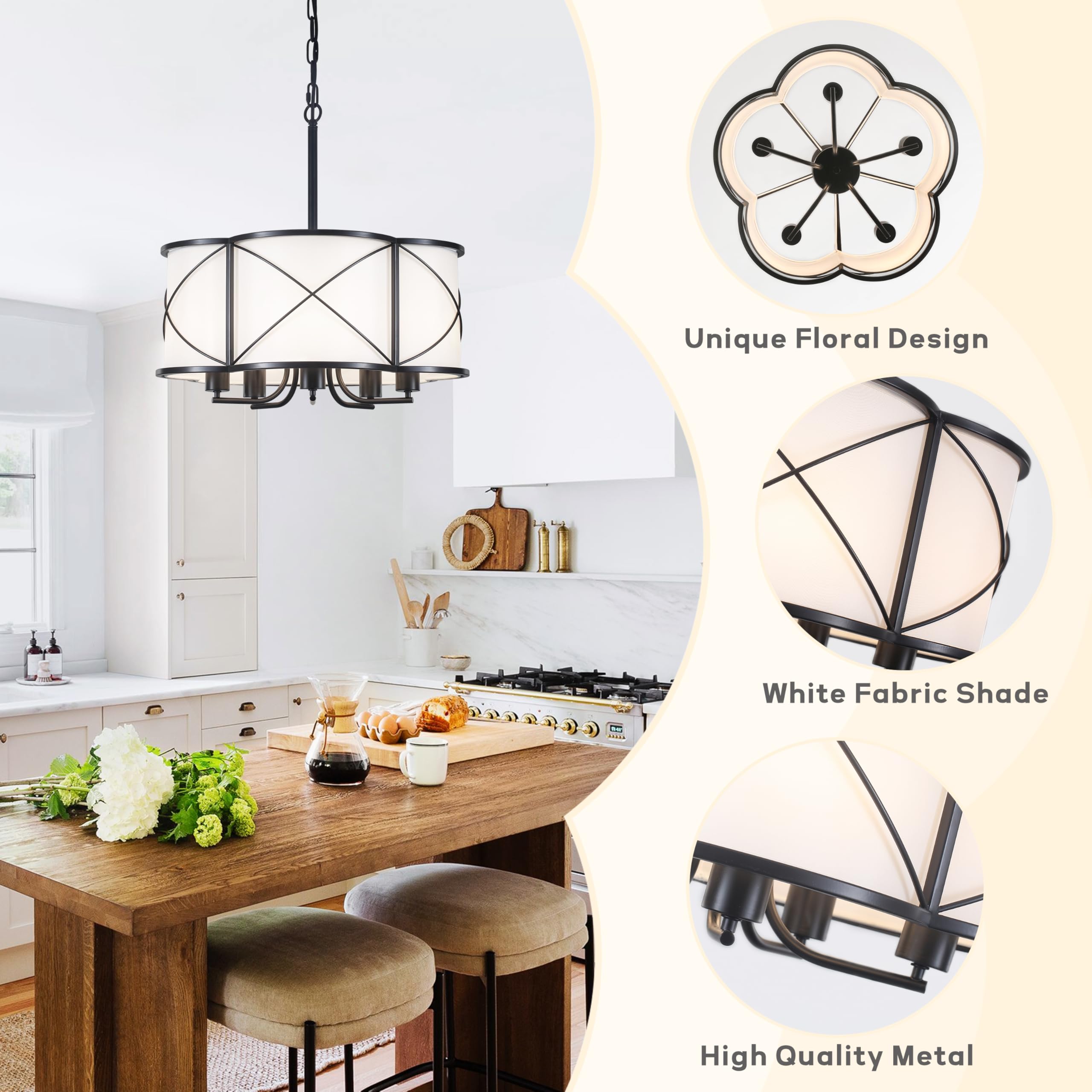 19'' Farmhouse Drum Chandelier For Dining Room 5-Light Black Modern Pendant Light White Fabric Retro Height Adjustable Lighting
