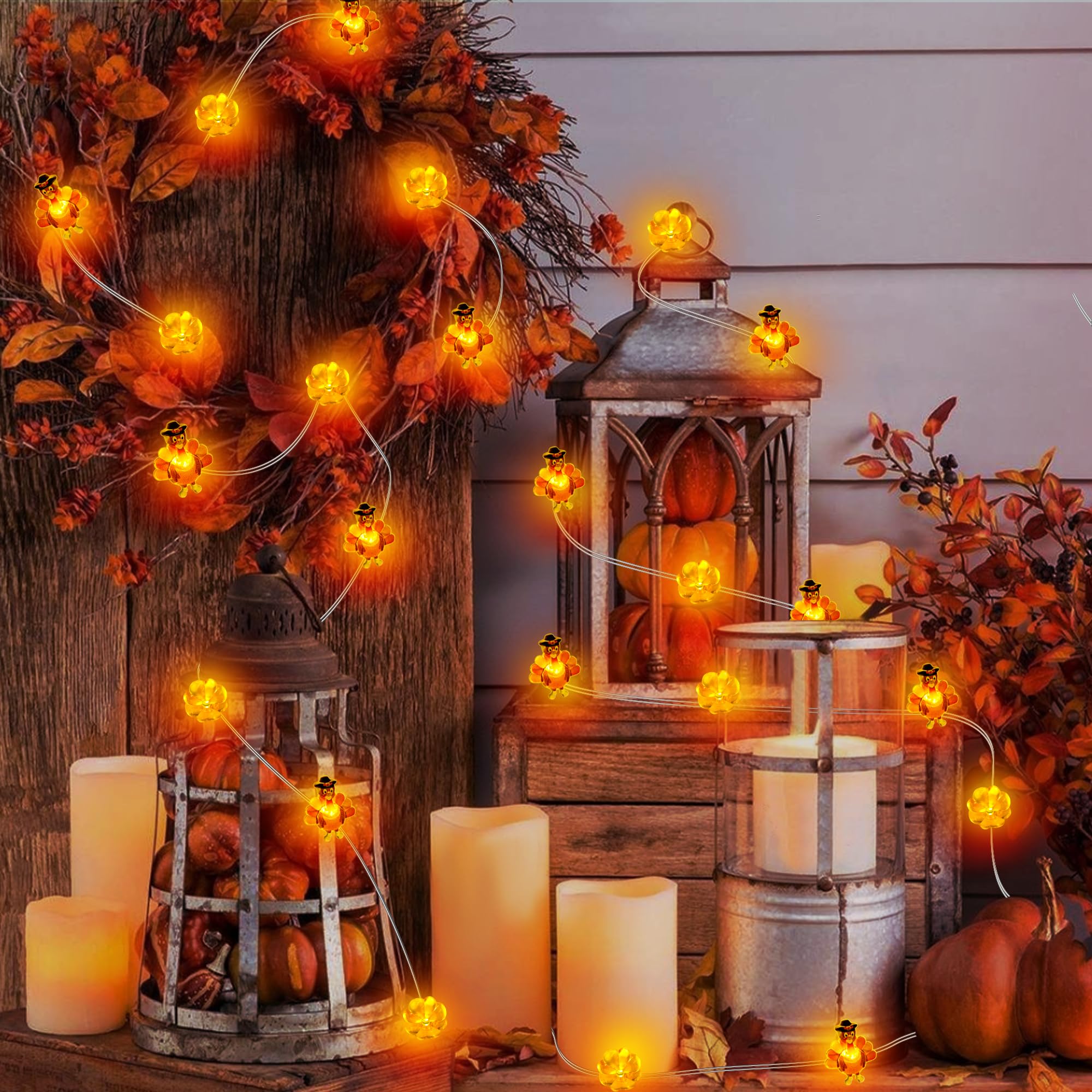 Grastfu Thanksgiving String Lights, 10 Ft 30 LED, Battery Operated, Copper Wire, Brown & Yellow, Model THX-GE-3
