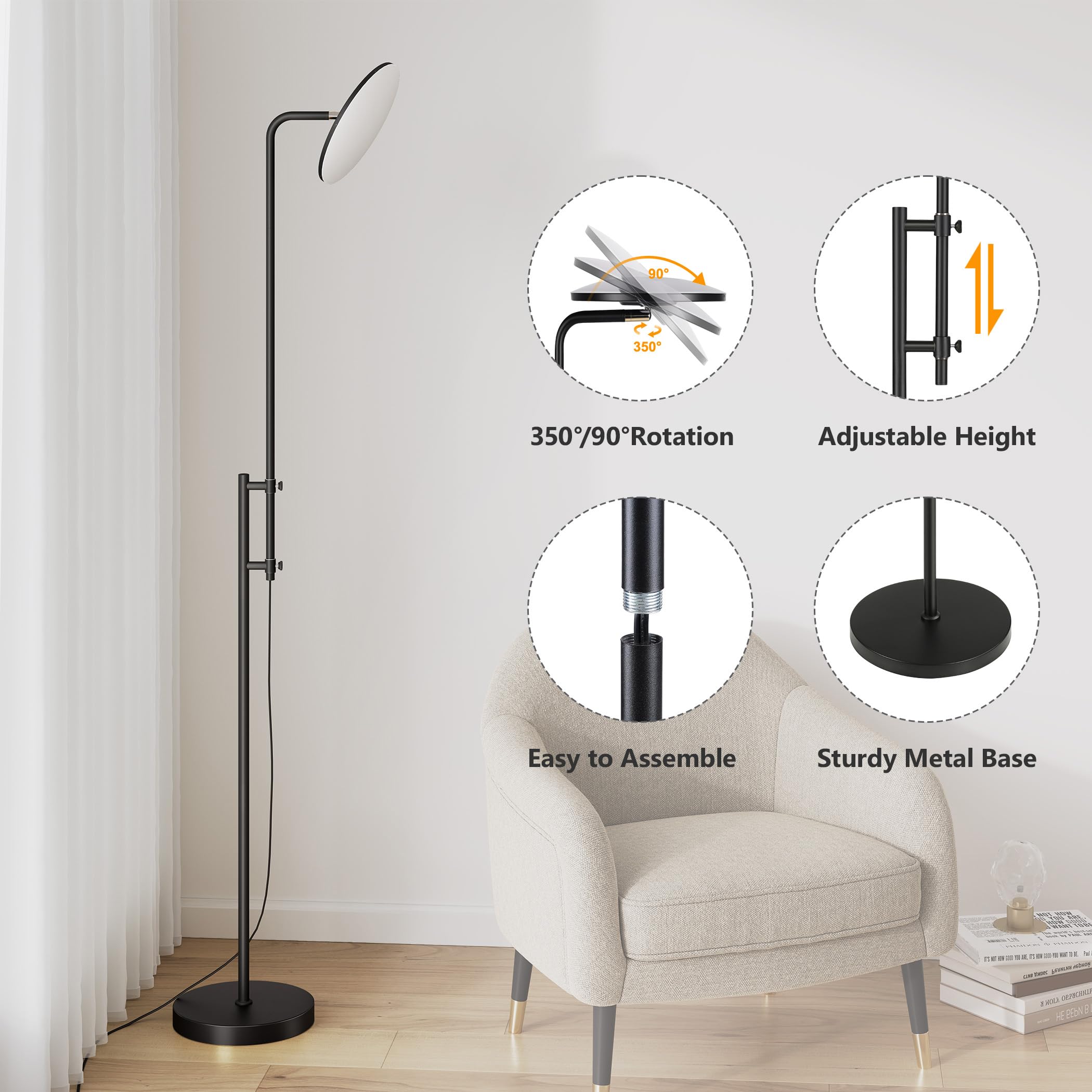 SUNMORY LED Floor Lamp, 32W/3000LM, Adjustable 350? Rotating Head, Modern Black Torchiere for Living Room, Bedroom, Office, Model FLM-032