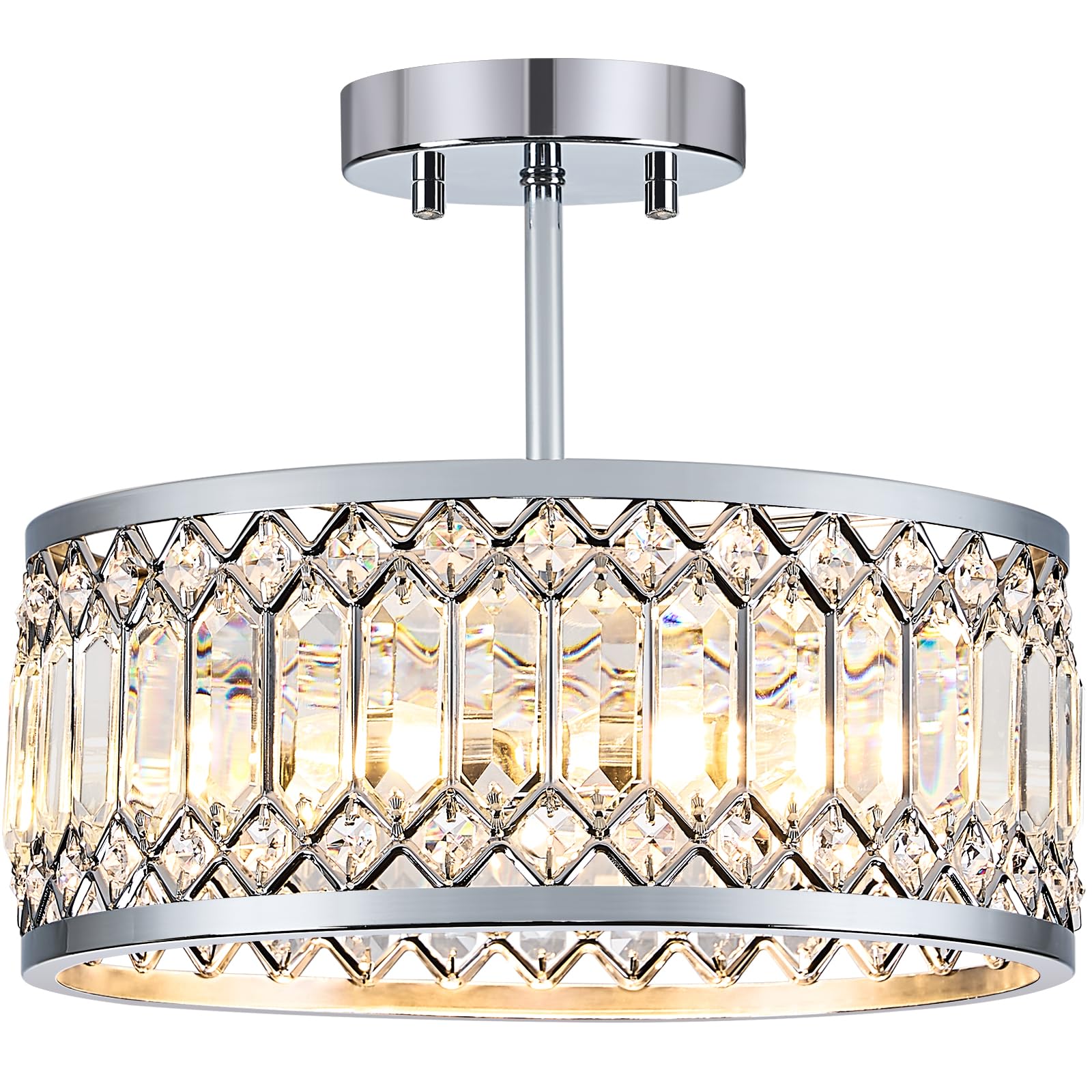Pevfah Crystal Chrome Ceiling Light Fixture, 3-Light, 12.2 Inch, Modern Semi Flush Mount Chandelier for Kitchen, Entryway, Bedroom