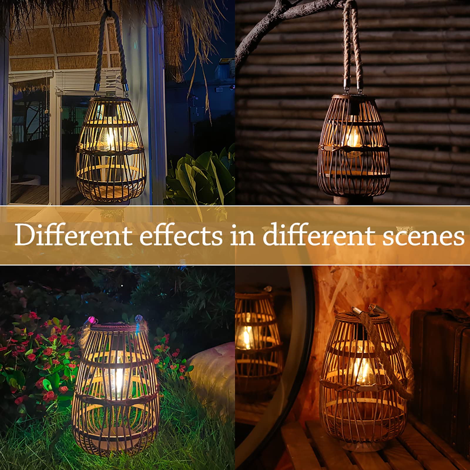 pearlstar Outdoor Solar Lantern Light, Rattan, Edison Bulb, Style 1, Auto On/Off, Hanging/Table Lamp for Patio Garden Wedding Decoration