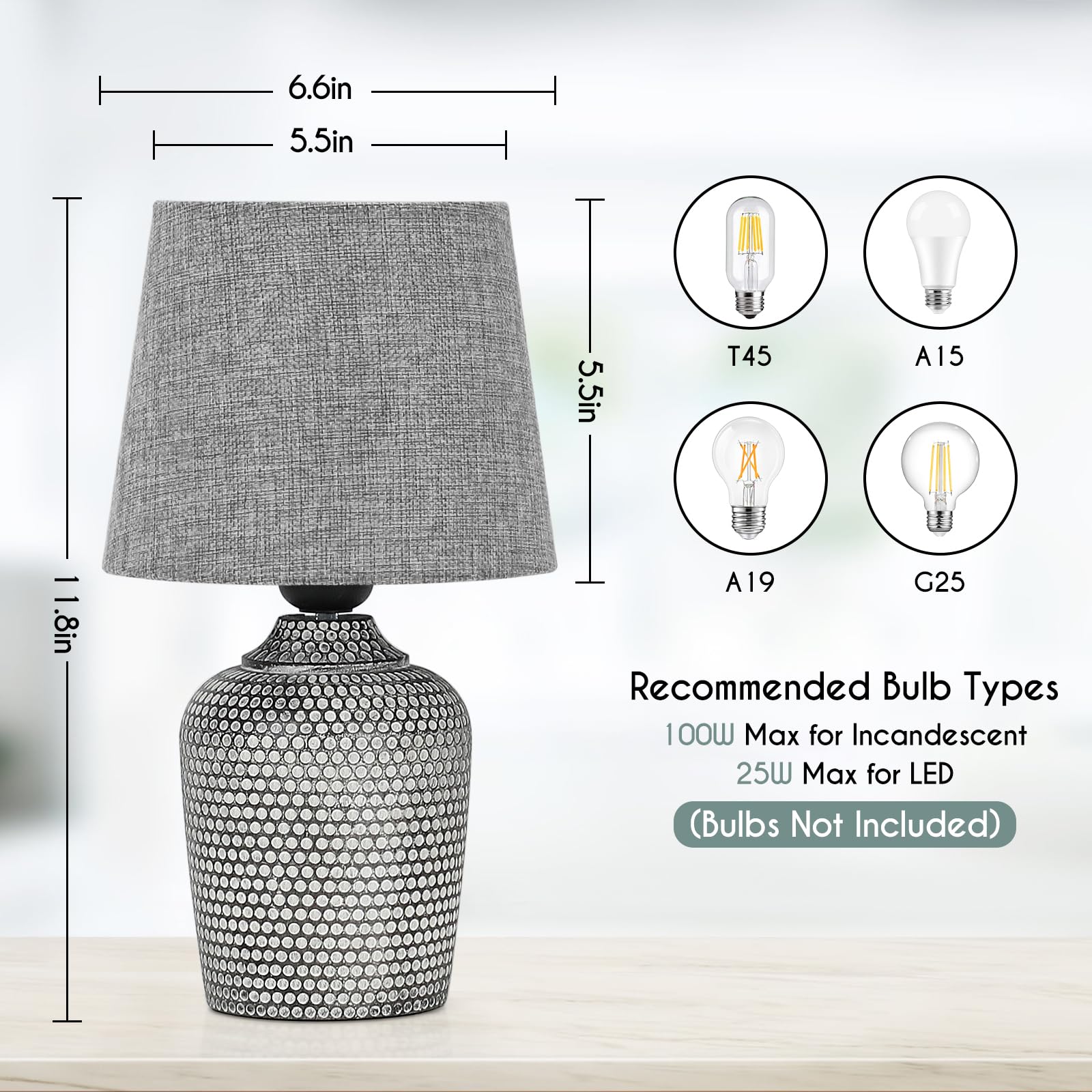 Sucolite Set Of 2 Small Grey Table Lamps For Bedroom, Living Room, Nursery, Cute Desk Lighting