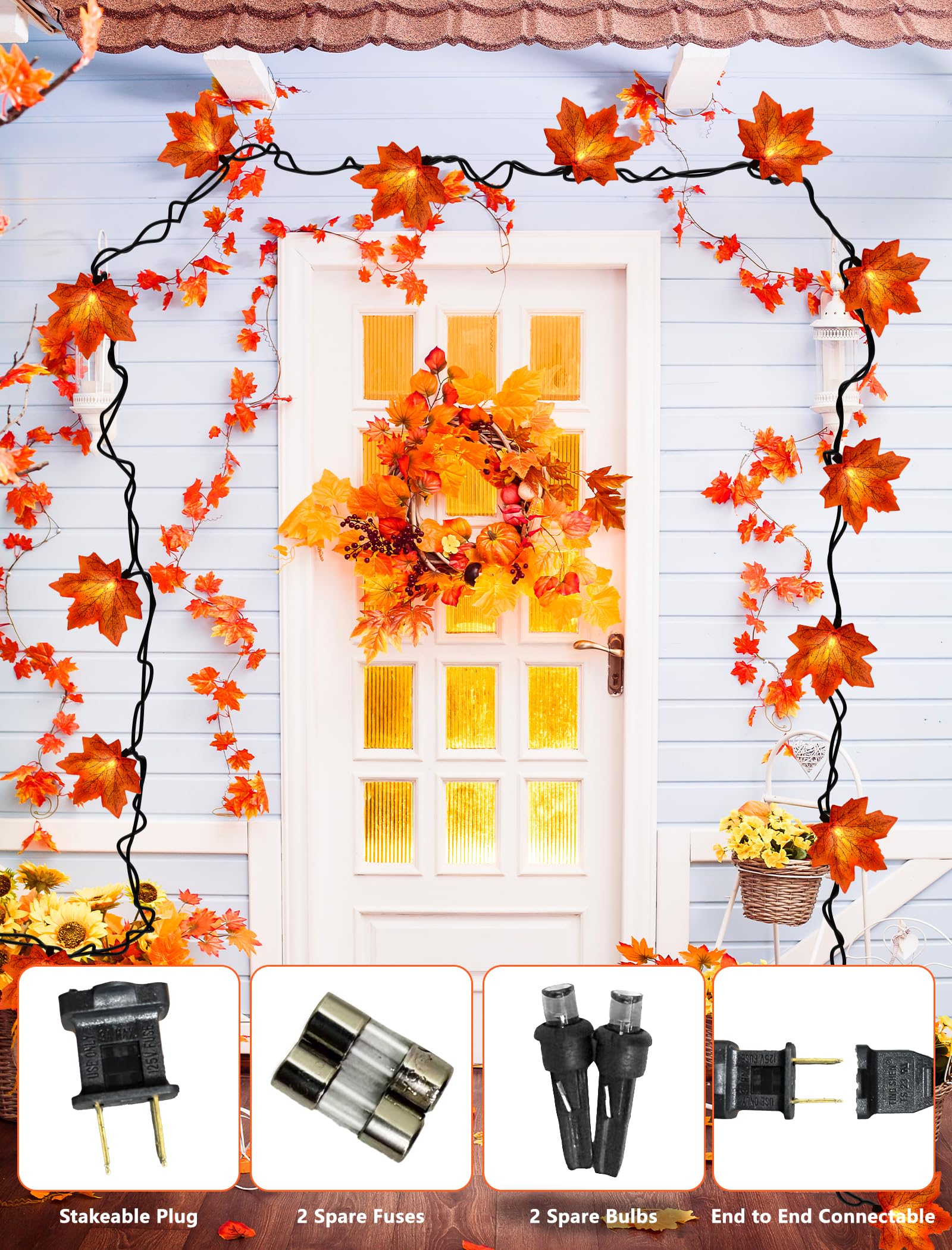 Doratale Thanksgiving Orange Maple Leaf Lights  13.6Ft Orange Fall Leaves String Lights  Waterproof Connectable Outdoor Patio String Lights For Indoor Home Outdoor Fall Decor Halloween Decorations