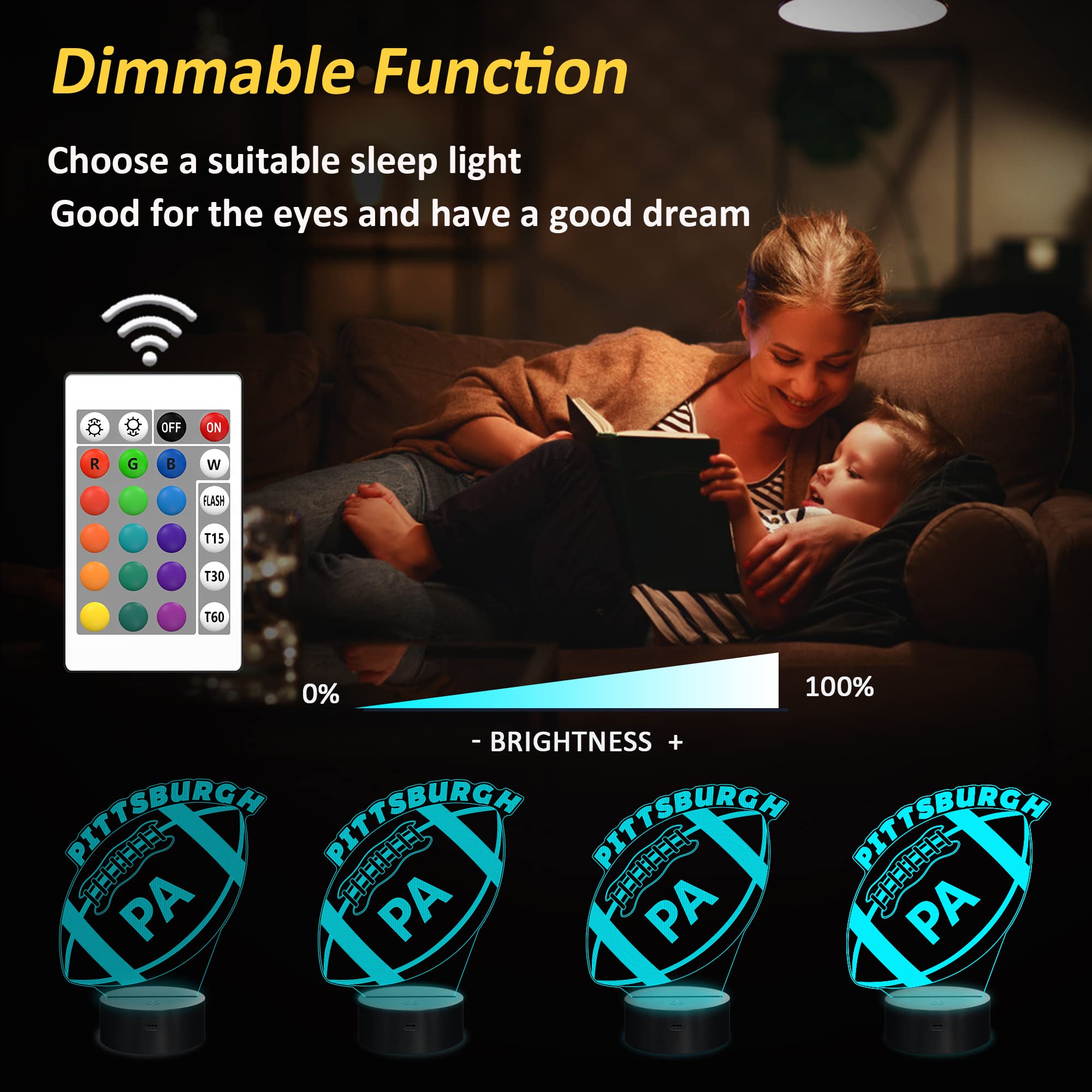 3D Football Pittsburgh Night Light, Football Gifts, 3D Illusion Light Boy Gift 16 Colors Changing Remote Control Children'S Room