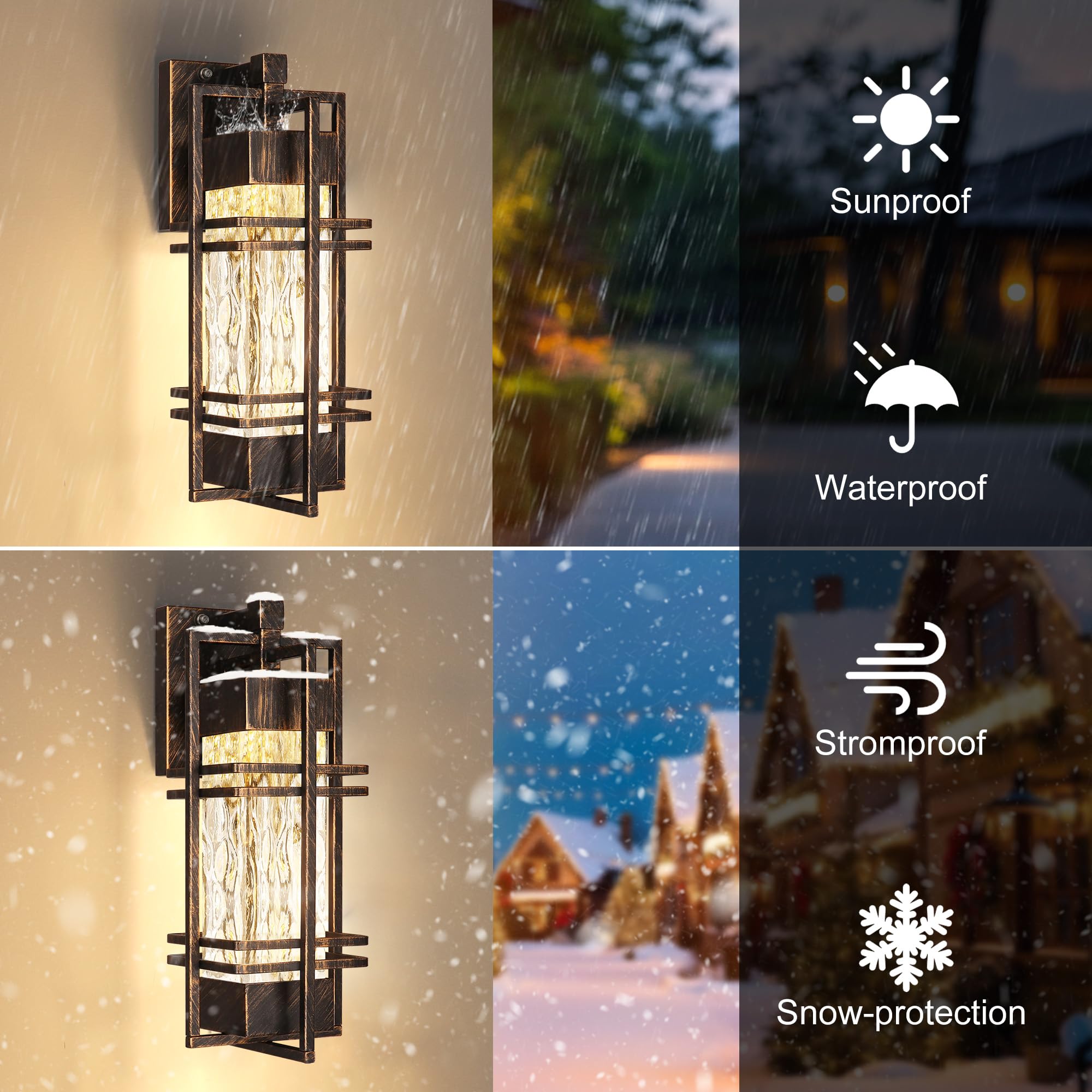 WIHTU Dusk to Dawn Outdoor Wall Sconce Lights, 2 Pack, Gold-Brushed Black, Waterproof Aluminum, Model STR-WL-0042, Bulb Included
