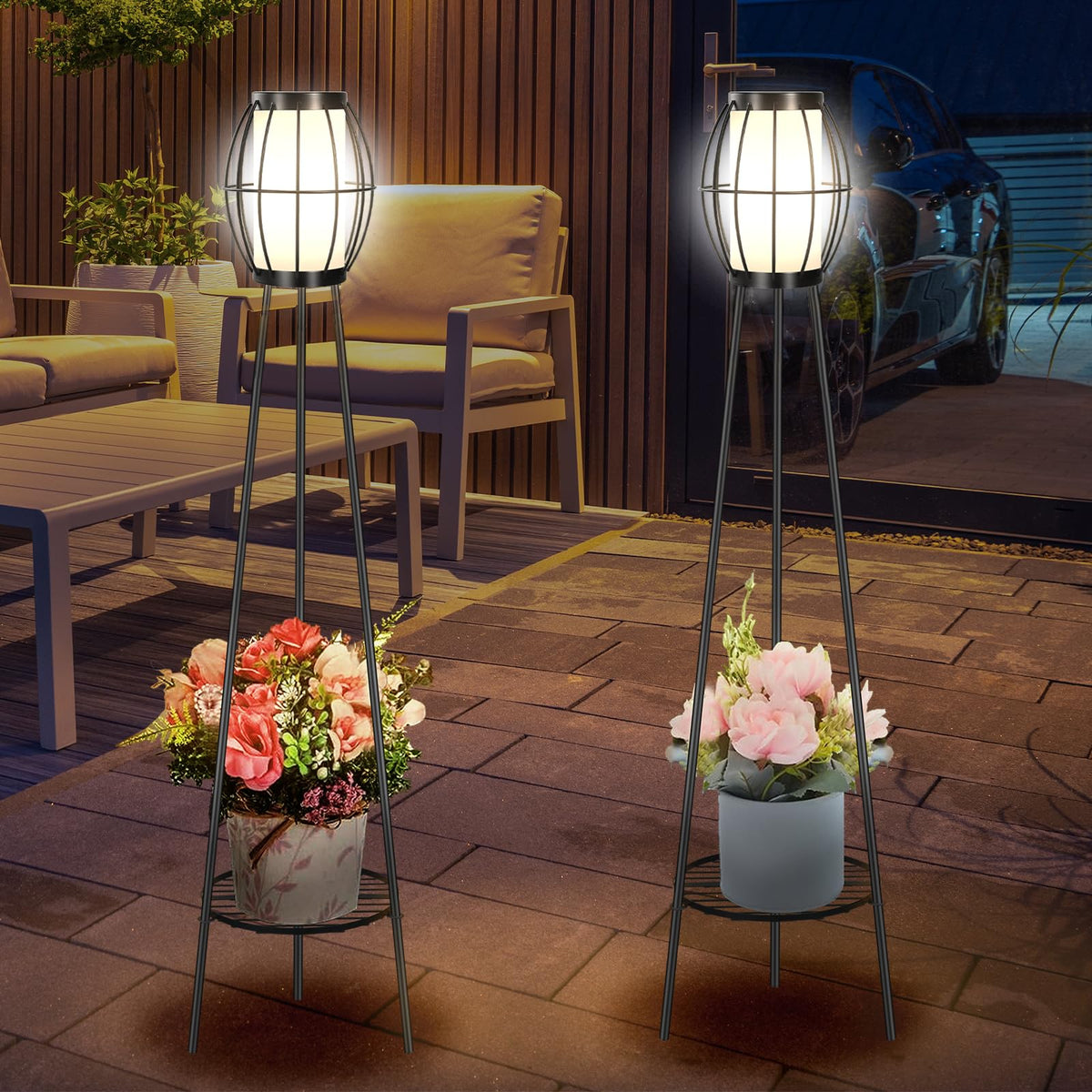 2 Pack Solar Lights Outdoor With Plant Stands, Solar Floor Lamps, Black Metal Tripod Deck Lights, Patio Decor For Garden Yard Pa