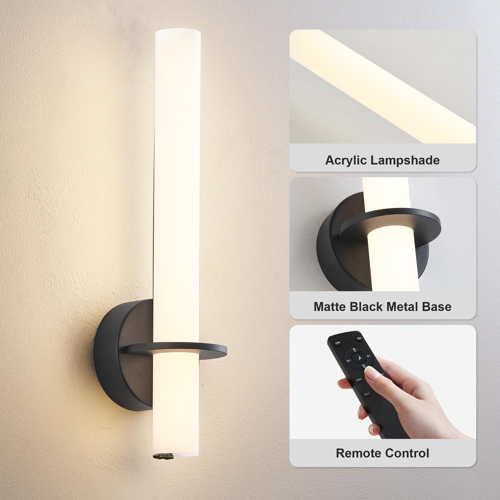 KARTOOSH Black Battery Operated Wall Sconce Set of 2, Dimmable 3000K-6000K, 18 Inch, Metal, Rechargeable, Remote Control