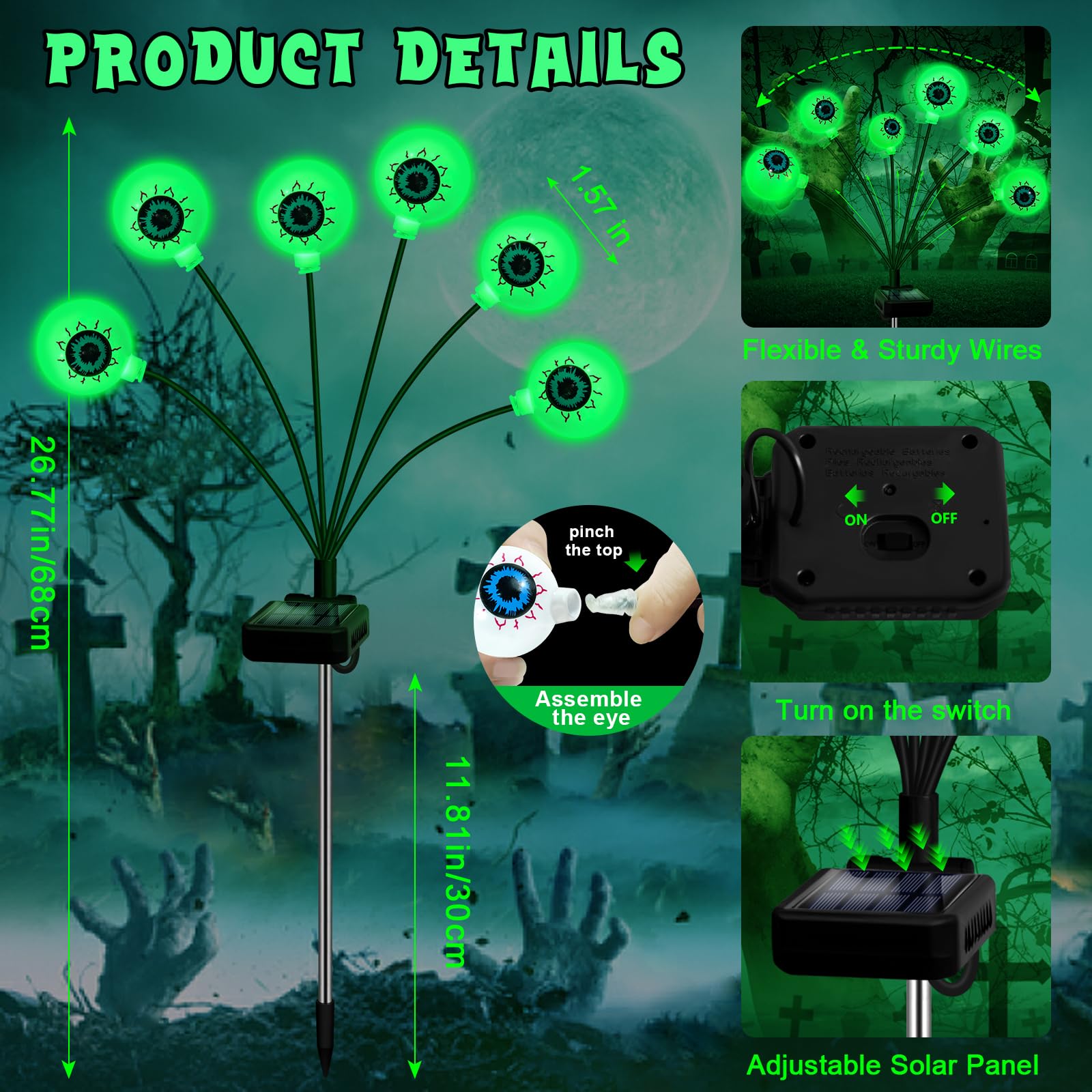 ZFNN Solar Eyeball Lights, 4 Pack 24 LED, Waterproof Outdoor Green Firefly Lights for Halloween Garden Patio Pathway