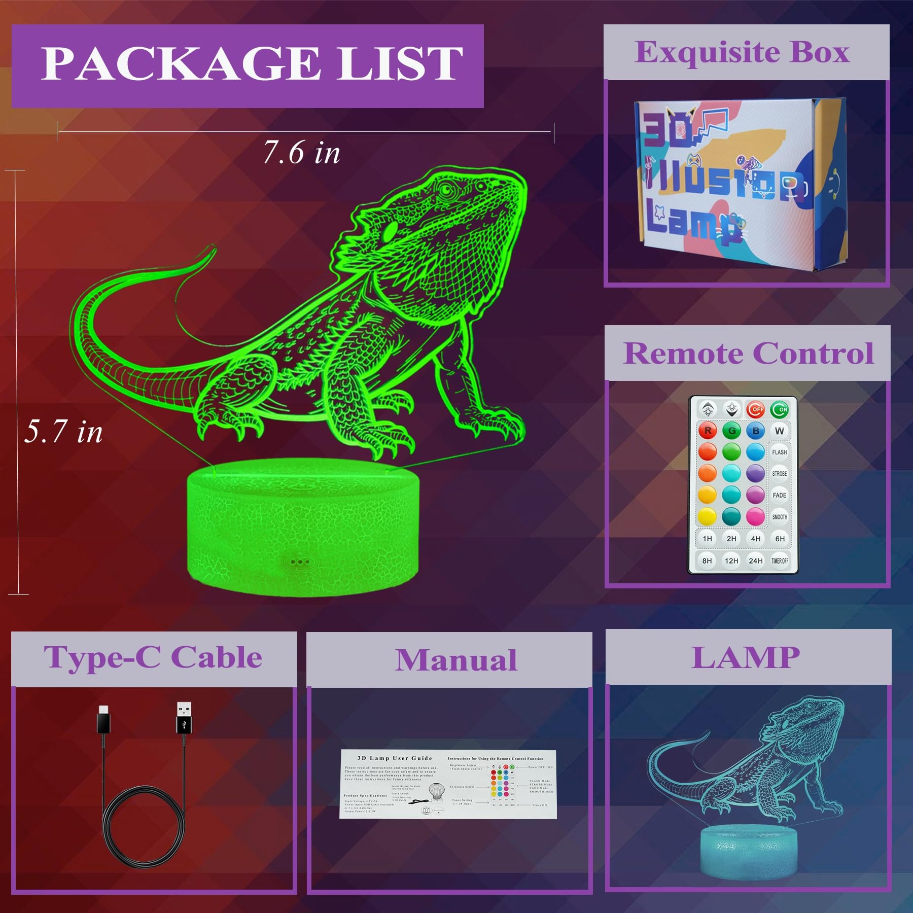 POSSHE 3D Bearded Dragon Night Light, 16 Color Remote Control, MY-3D LAMP-CRACK